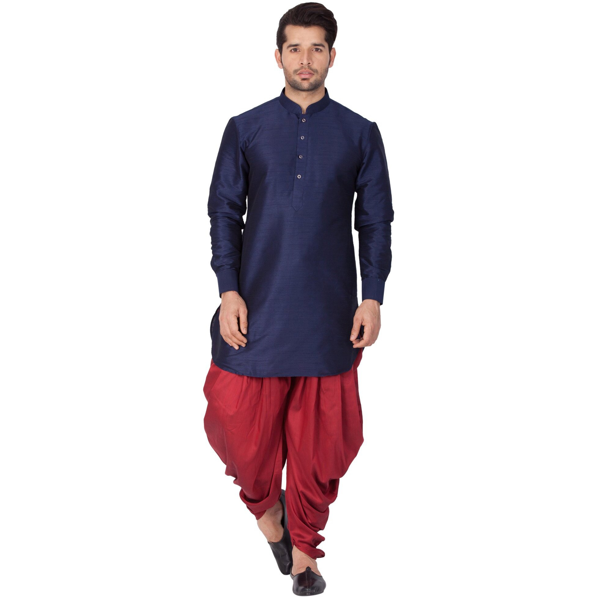 VASTRAMAY Mens Cotton Silk Kurta and Dhoti Pant Set (Blue_VASMUK001NBnCDMA_44)