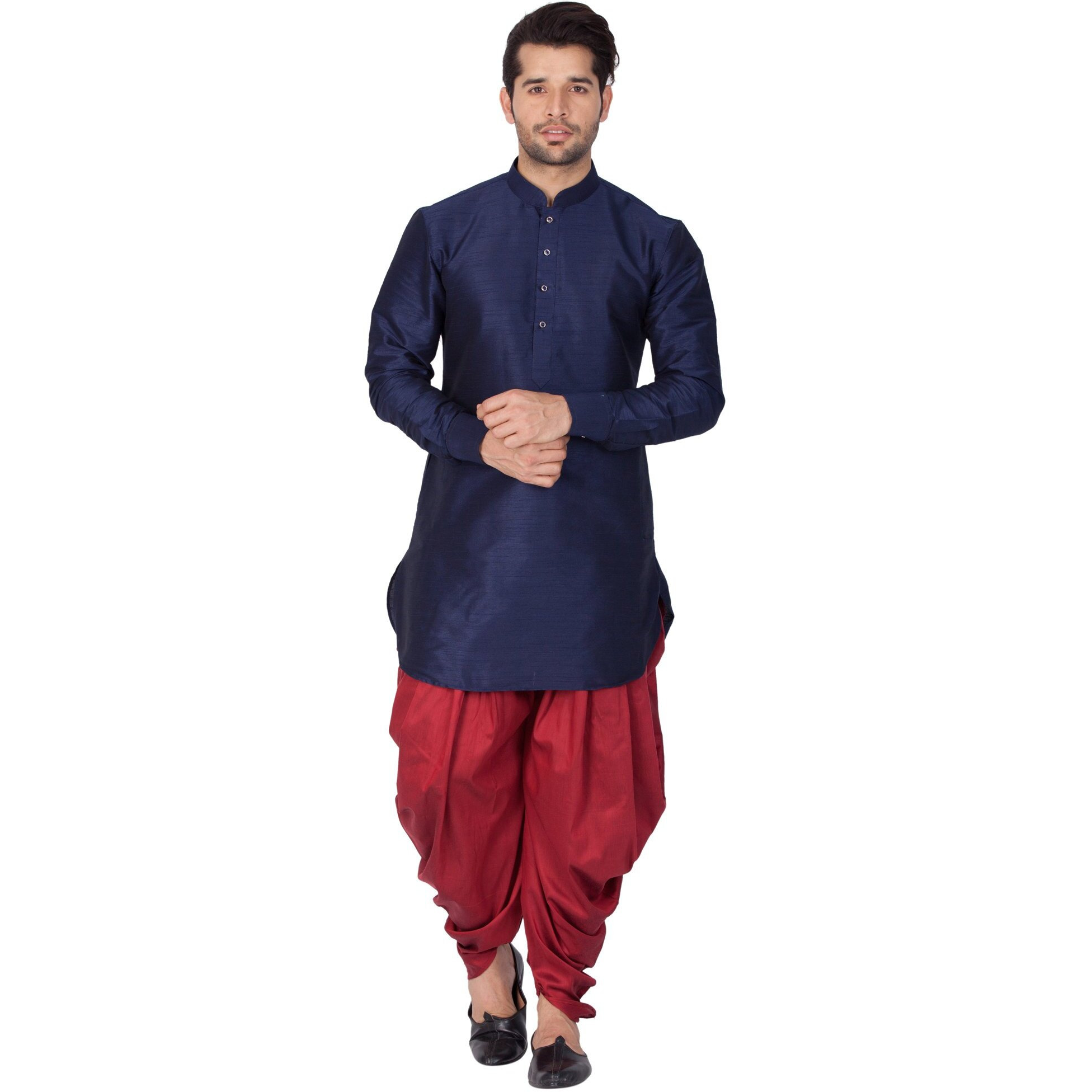 VASTRAMAY Mens Cotton Silk Kurta and Dhoti Pant Set (Blue_VASMUK001NBnCDMA_44)