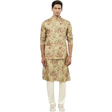 VASTRAMAY Men's Cream And Brown Silk Blend Jacket, Kurta and Pyjama Set_VASMJ159nK159nVPCR_38