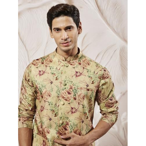 VASTRAMAY Men's Cream And Brown Silk Blend Jacket, Kurta and Pyjama Set_VASMJ159nK159nVPCR_38