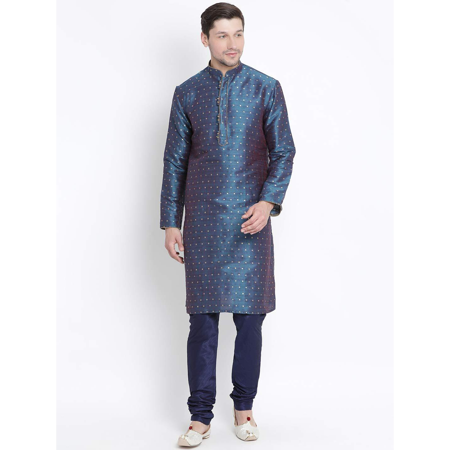 VASTRAMAY Men's Royal Blue Cotton Silk Blend Kurta and Pyjama Set_VASMK023BUnPNB_38