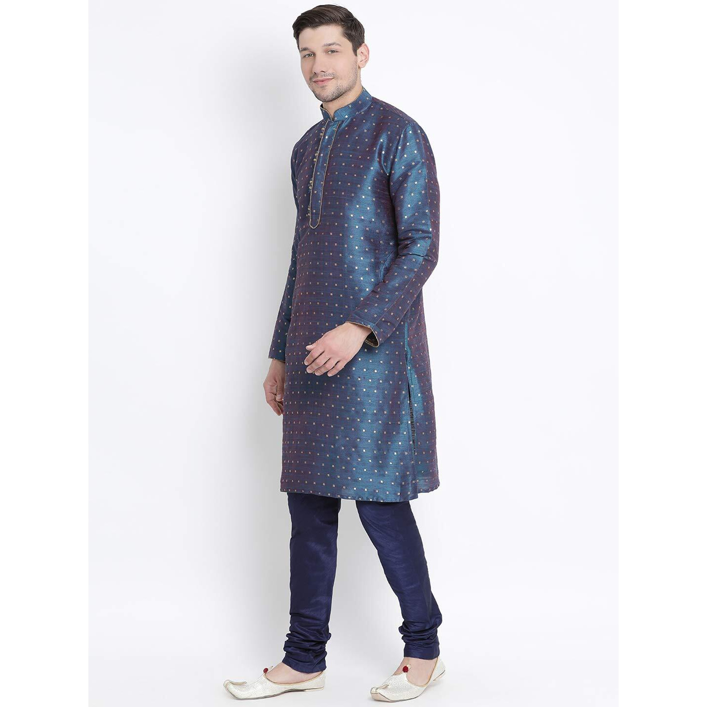 VASTRAMAY Men's Royal Blue Cotton Silk Blend Kurta and Pyjama Set_VASMK023BUnPNB_38