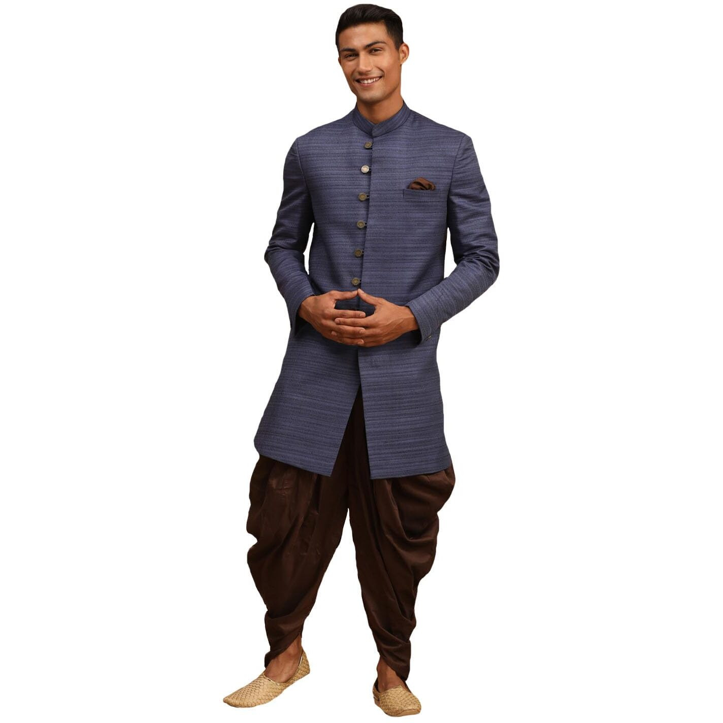 VASTRAMAY Men's Navy Blue Silk Blend Sherwani Set | Imported Fabric Designer Indowestern and Pant style Pyjama
