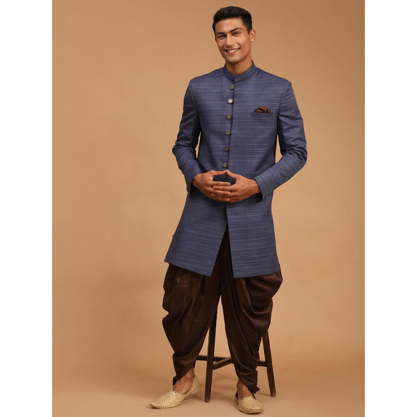 VASTRAMAY Men's Navy Blue Silk Blend Sherwani Set | Imported Fabric Designer Indowestern and Pant style Pyjama