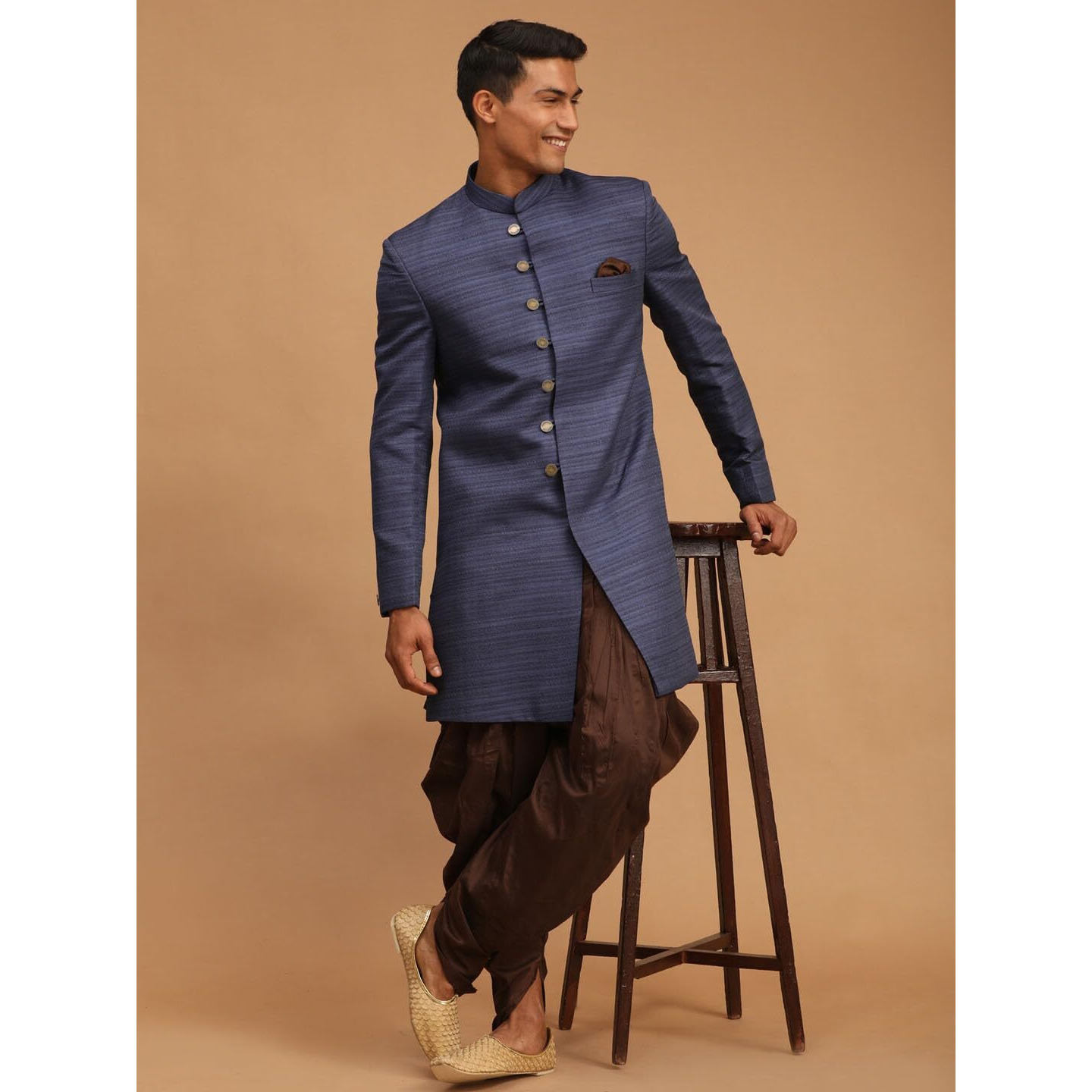 VASTRAMAY Men's Navy Blue Silk Blend Sherwani Set | Imported Fabric Designer Indowestern and Pant style Pyjama