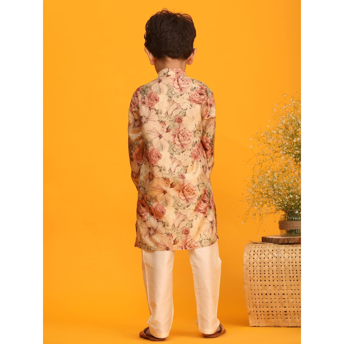 VASTRAMAY Boys' Brown Floral Muslin Kurta with Cream Viscose Pyjama Set