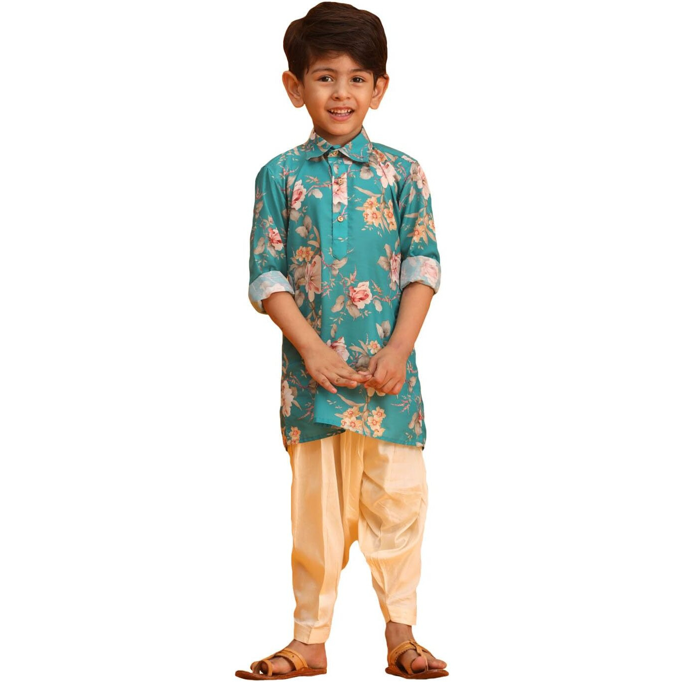VASTRAMAY Boy's Multicolor Base Turquoise Kurta Patiala Set_VASBK181TQnPTYCR_28