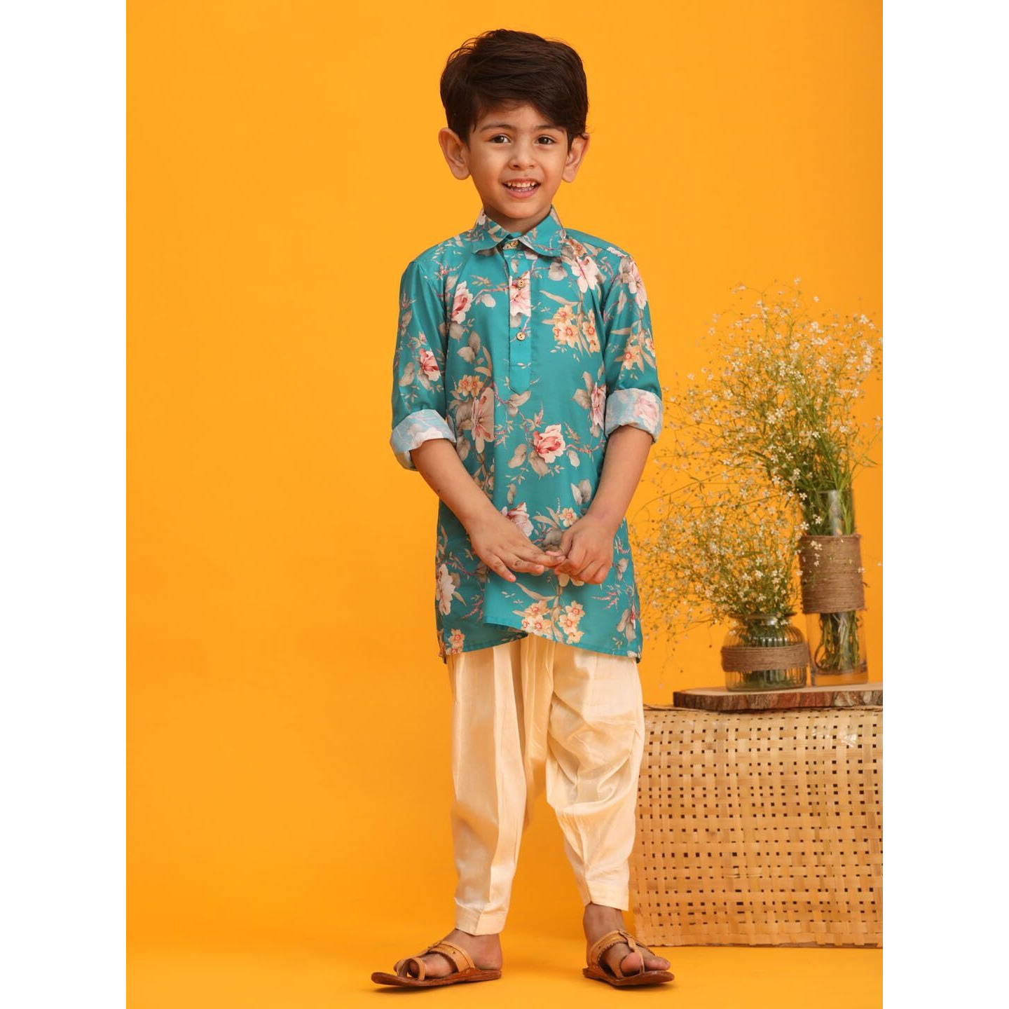 VASTRAMAY Boy's Multicolor Base Turquoise Kurta Patiala Set_VASBK181TQnPTYCR_28