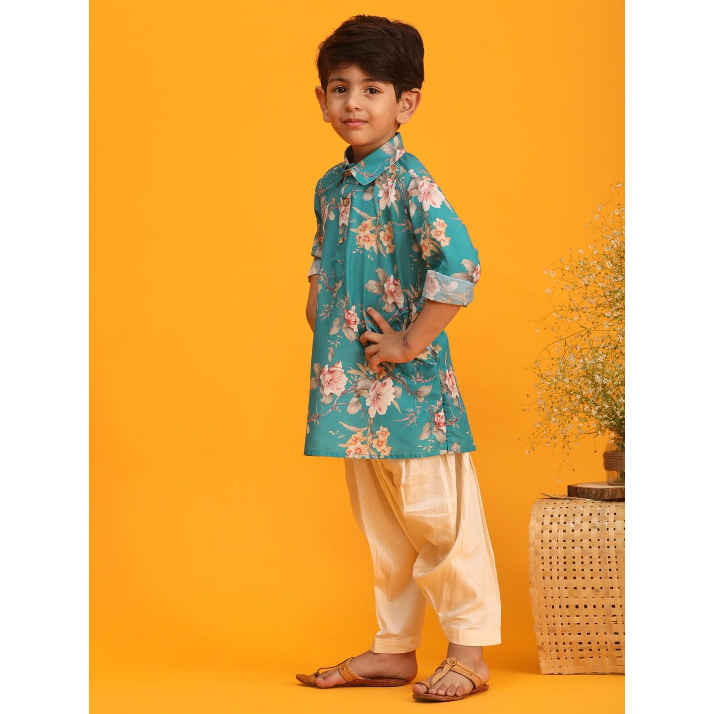 VASTRAMAY Boy's Multicolor Base Turquoise Kurta Patiala Set_VASBK181TQnPTYCR_28
