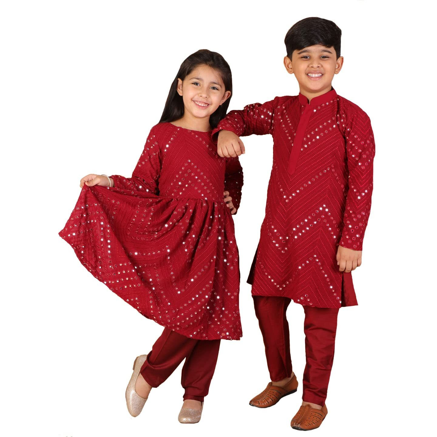 VASTRAMAY Sibling Bhai Behen Boys' & Girls' Set (VASSIB133MA_Age-Boy - 4-5 Years/Girl - 3-4 Years_Maroon)