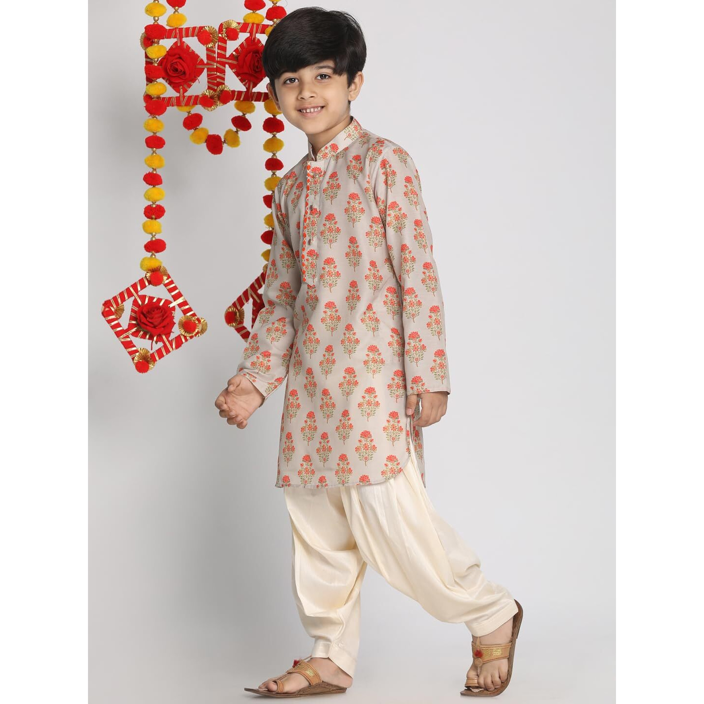 VASTRAMAY Boys' Beige & Cream Muslin Kurta Patiala Set  Digital Floral Print, Eid Special Ethnic Wear