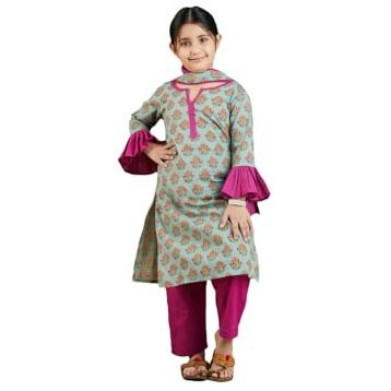 VASTRAMAY Girls' Green and Pink Kurta, Pant and Dupatta_VASGKP016GN_30