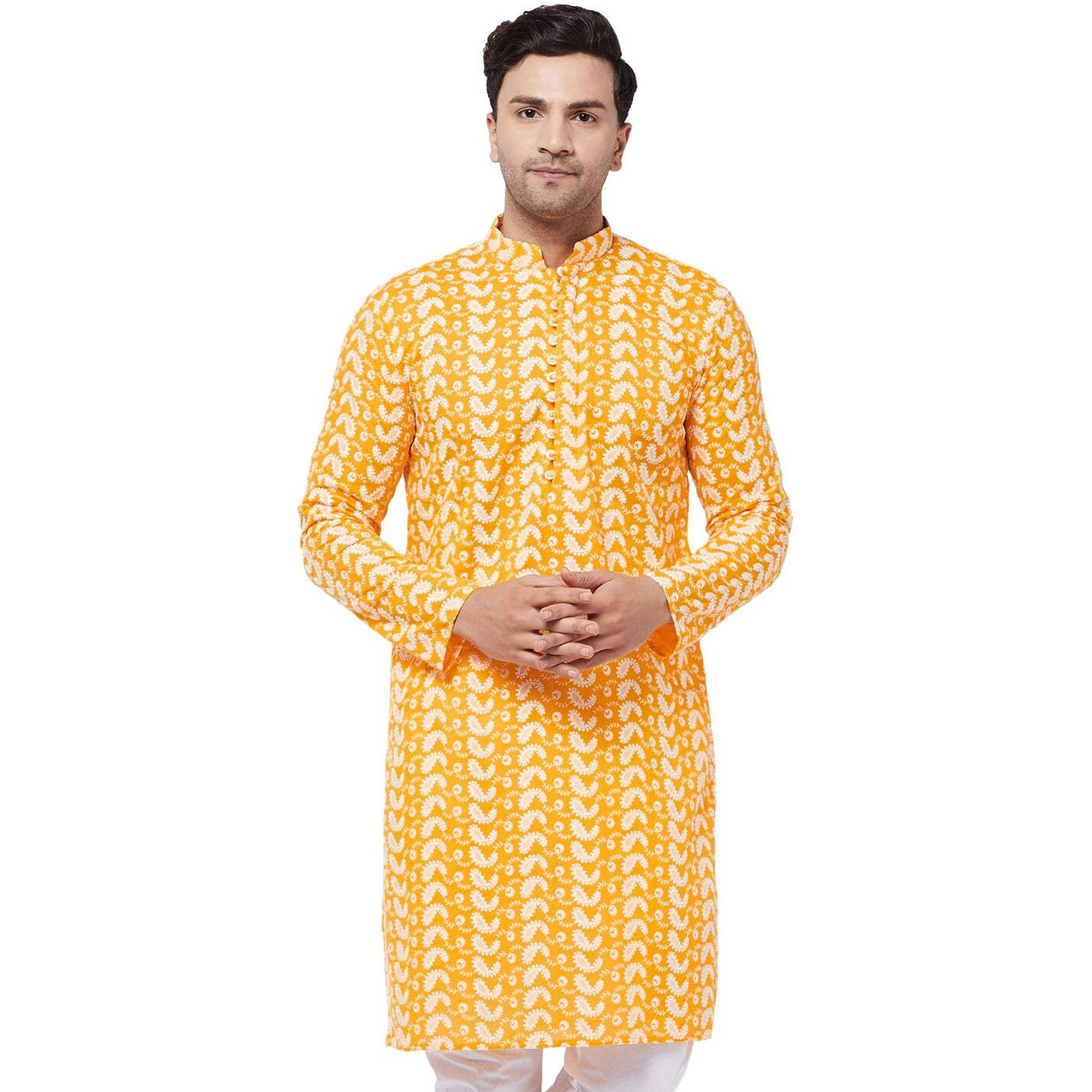 VASTRAMAY Men's Orange Pure Cotton Kurta, Certainly A Must Have Classic Ensemble Of Lukhnowi Chikankari Kurta - Traditional for Navratri & Diwali, Wedding