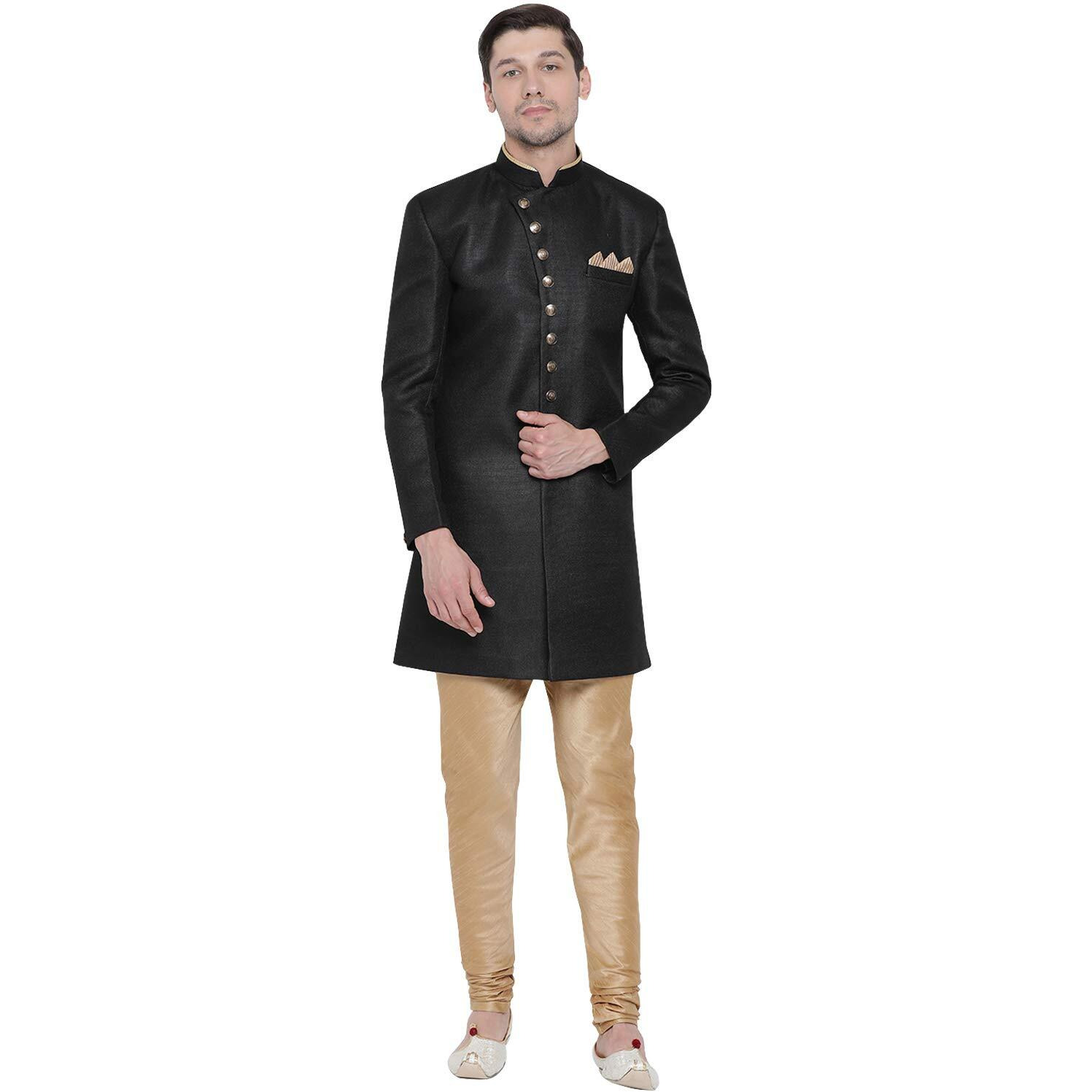 VASTRAMAY Men's Black Silk Blend Sherwani Set_VASMIW001BLnPRG_46