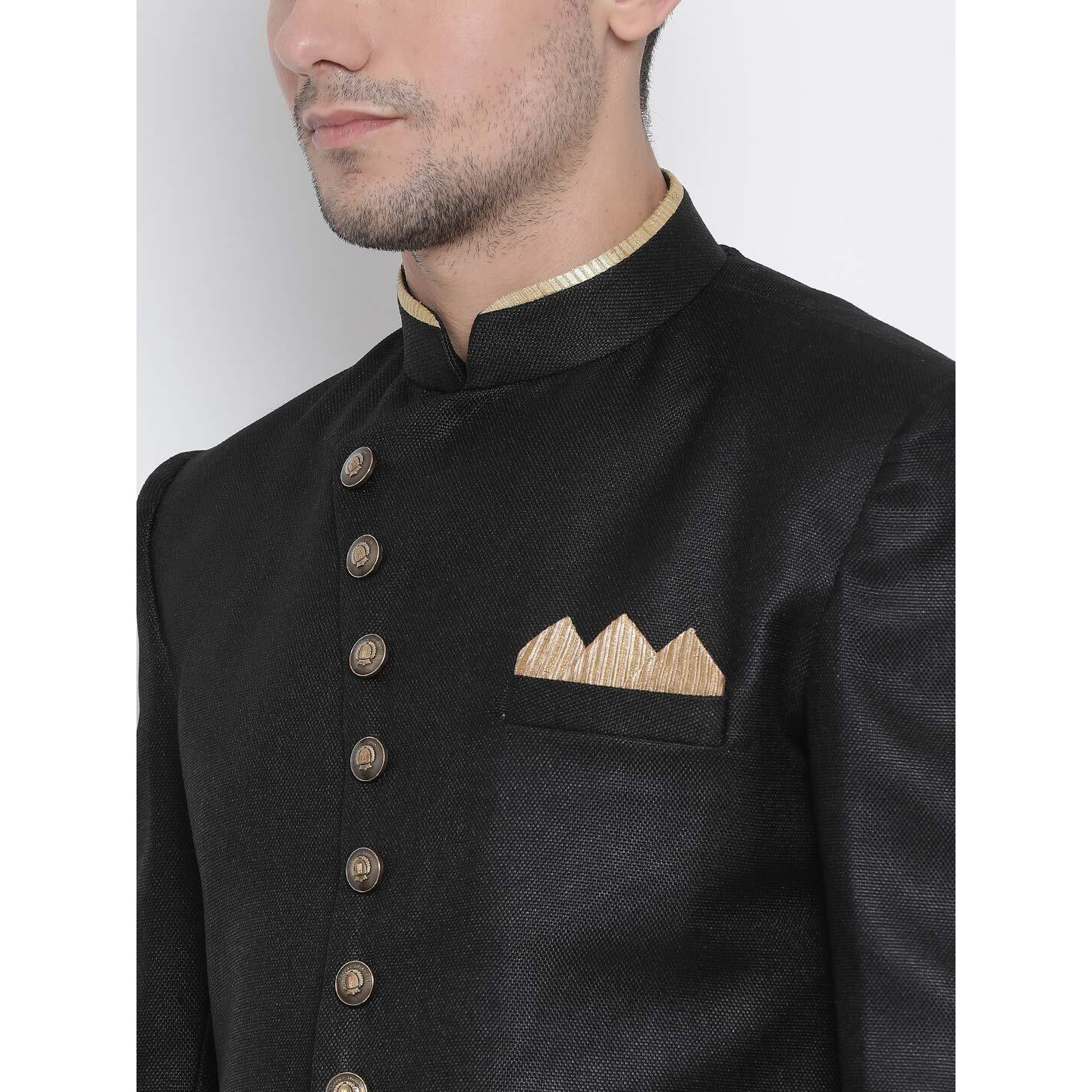 VASTRAMAY Men's Black Silk Blend Sherwani Set_VASMIW001BLnPRG_46