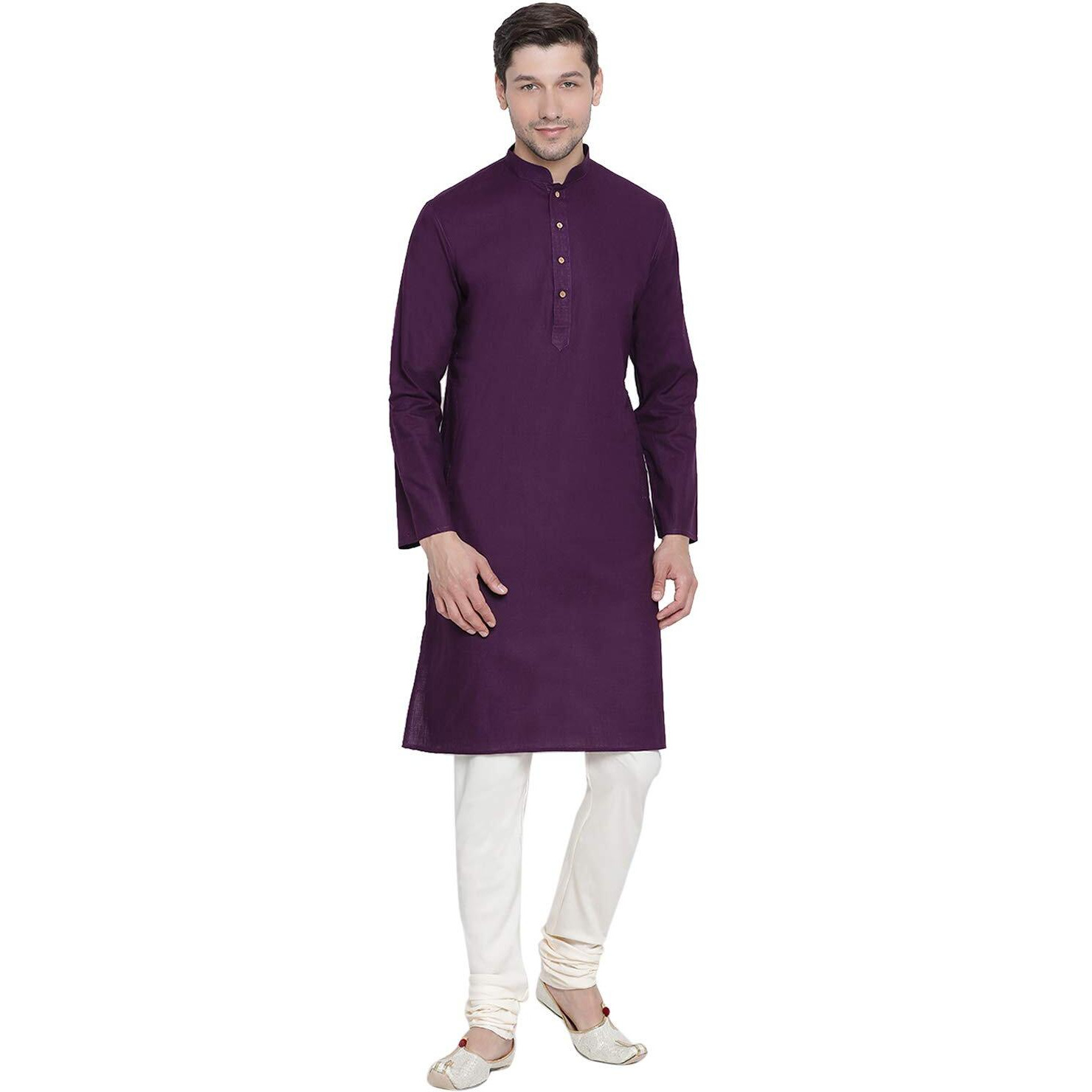 VASTRAMAY Men's Purple Cotton Linen Blend Kurta Pyjama Set_VASMK007PUnPLBCR_38