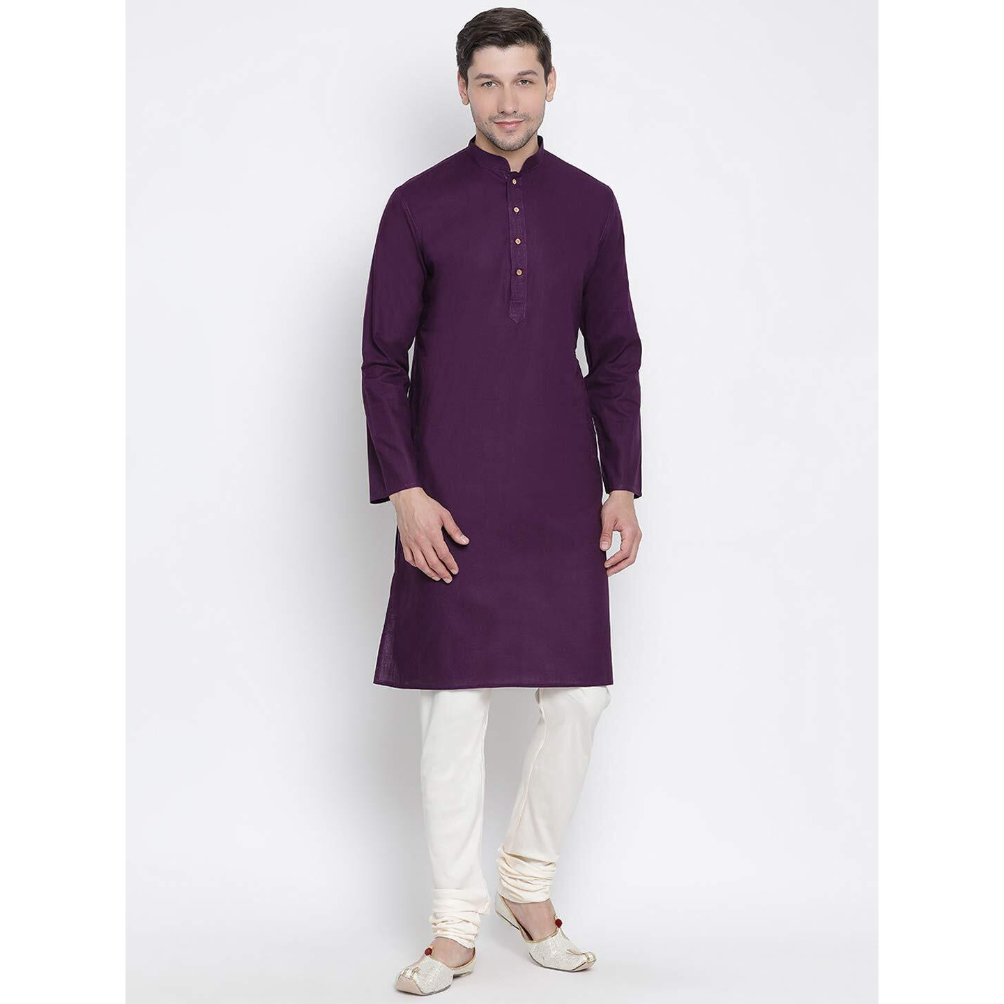 VASTRAMAY Men's Purple Cotton Linen Blend Kurta Pyjama Set_VASMK007PUnPLBCR_38