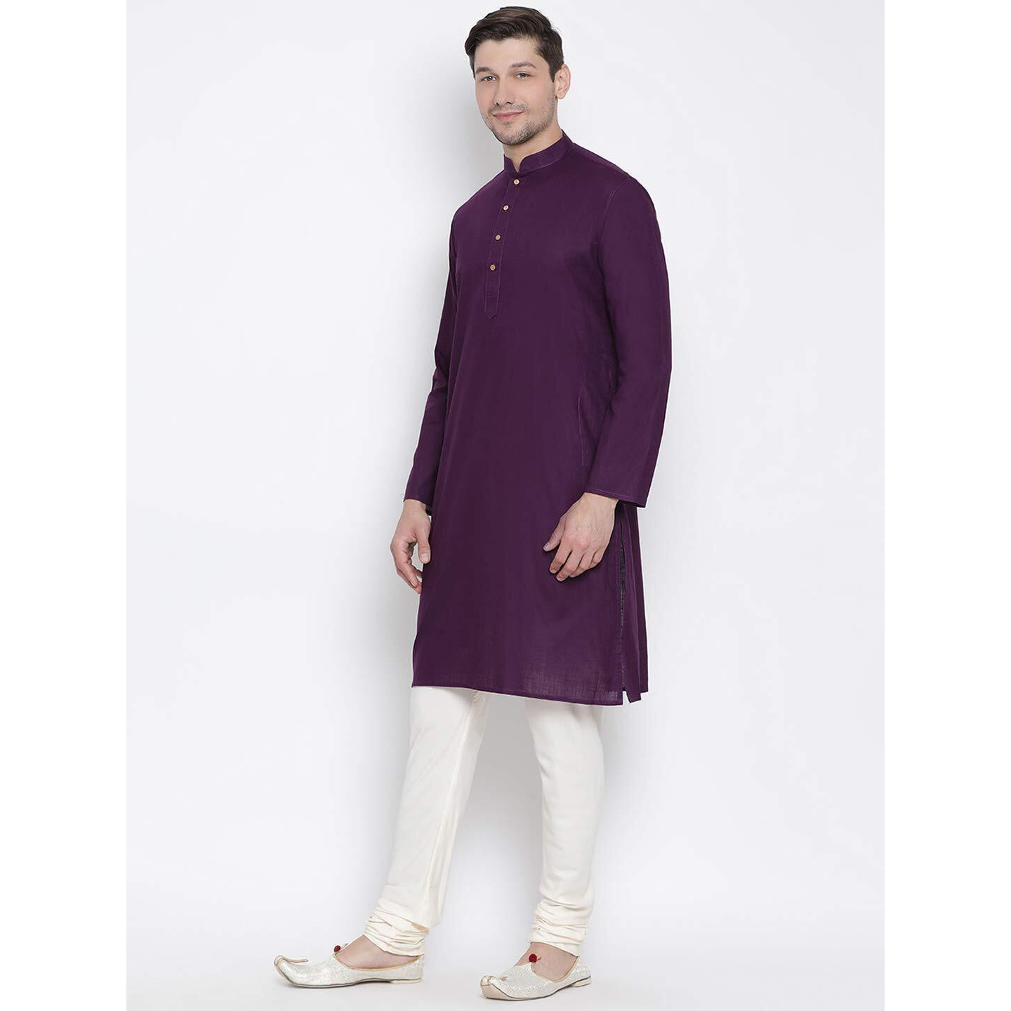 VASTRAMAY Men's Purple Cotton Linen Blend Kurta Pyjama Set_VASMK007PUnPLBCR_38