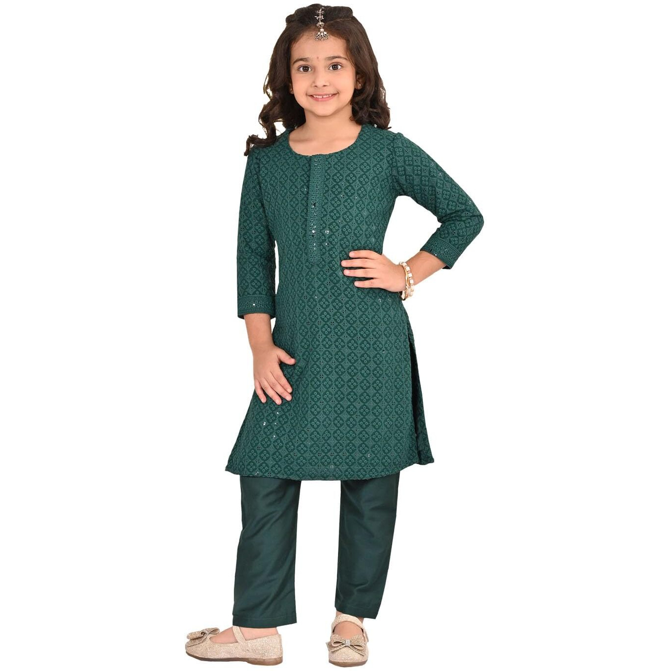 VASTRAMAY Girls' Green Kurta And Pant Set_VASGKP050GN_30