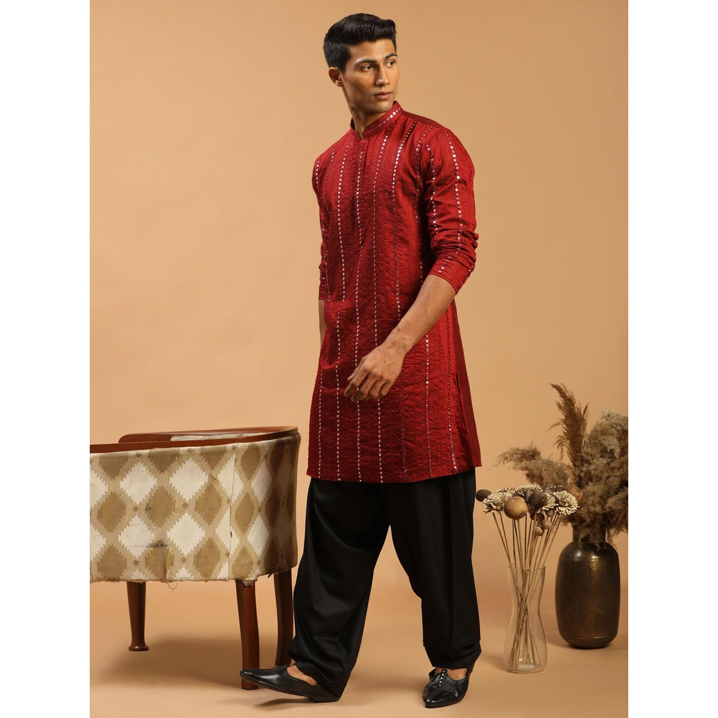 VASTRAMAY Men's Maroon And Black Viscose Kurta and Patiala Set | Mirror work Embellished Viscose Kurta For Men With Fluid Fabric Patiala