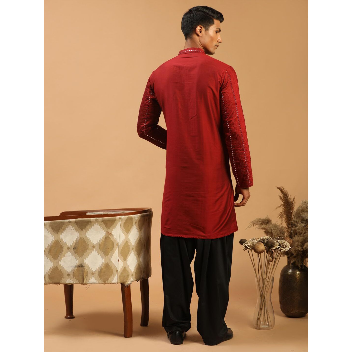 VASTRAMAY Men's Maroon And Black Viscose Kurta and Patiala Set | Mirror work Embellished Viscose Kurta For Men With Fluid Fabric Patiala