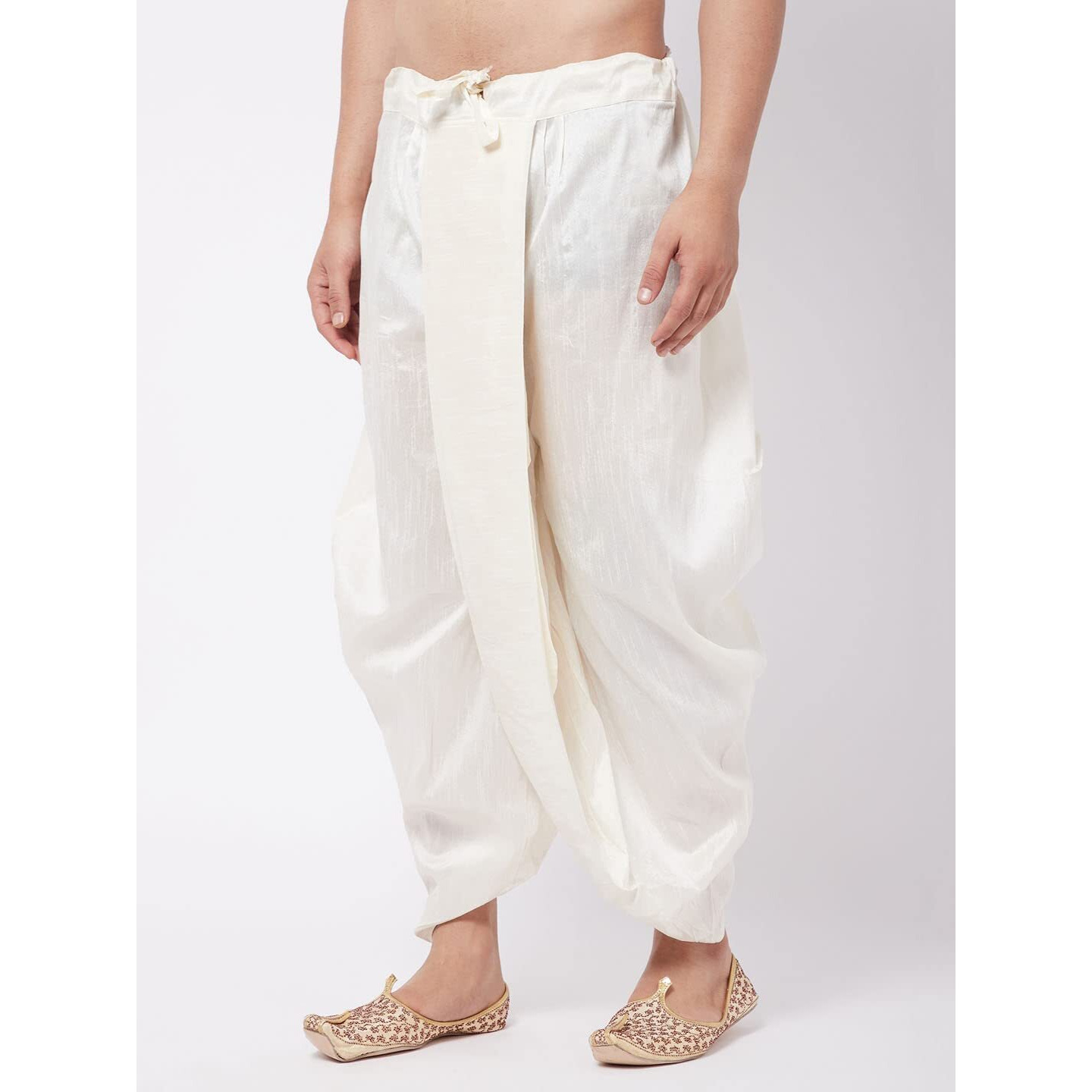 VASTRAMAY Men's Cream Silk Blend Readymade Traditional Dhoti - Perfect for Weddings, Festivals, and Special Occasions