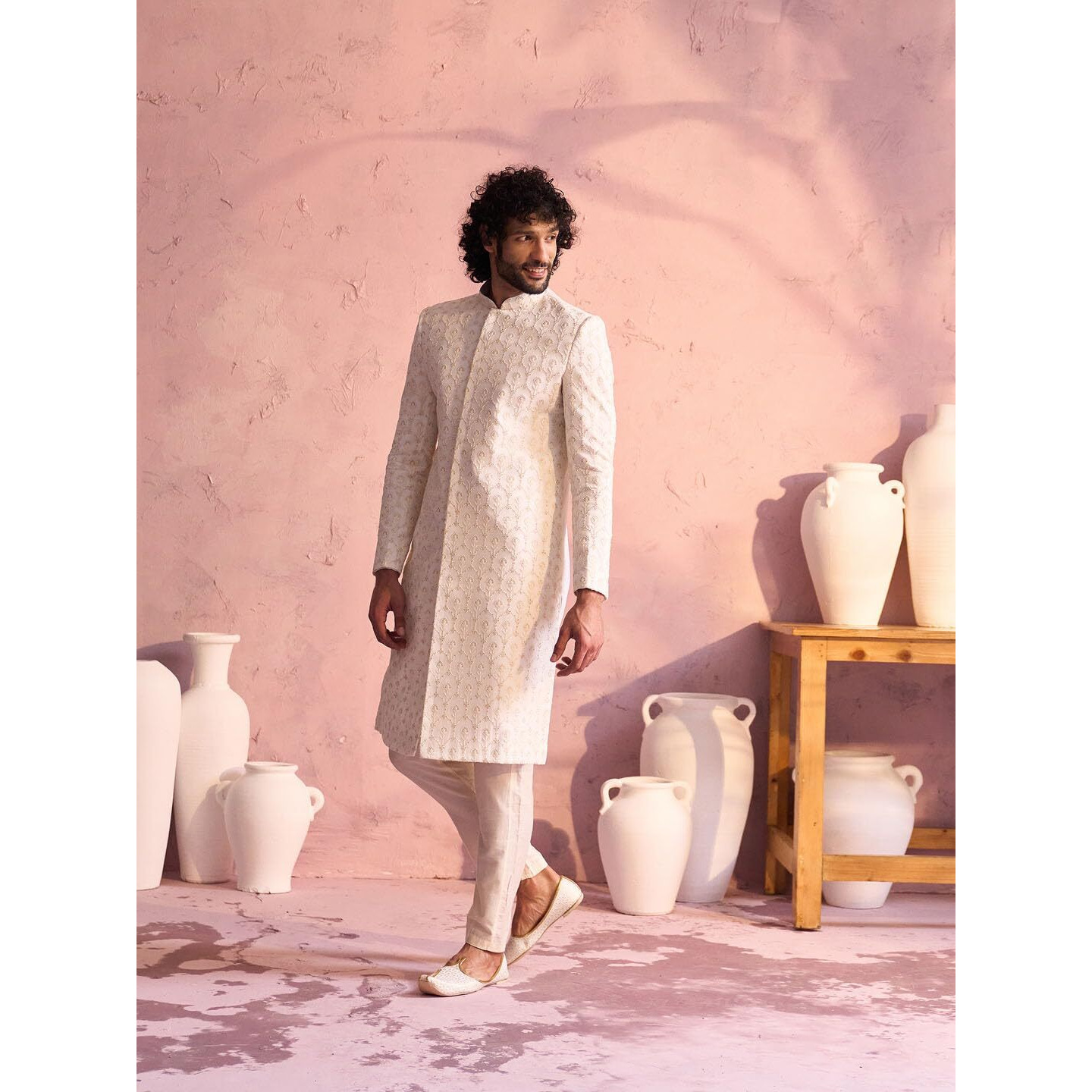 VASTRAMAY Men's Cream Georgette Sherwani Set_VSHRMIW237CRnPANT002CR_38