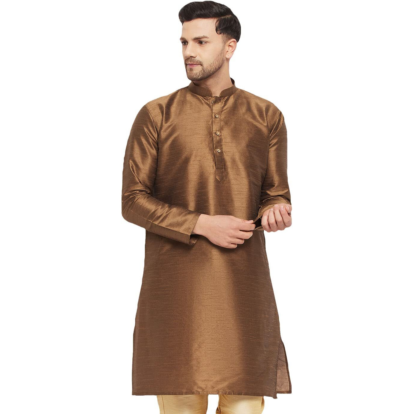 VASTRAMAY Men's Cotton Silk Blend Kurta-New Brown