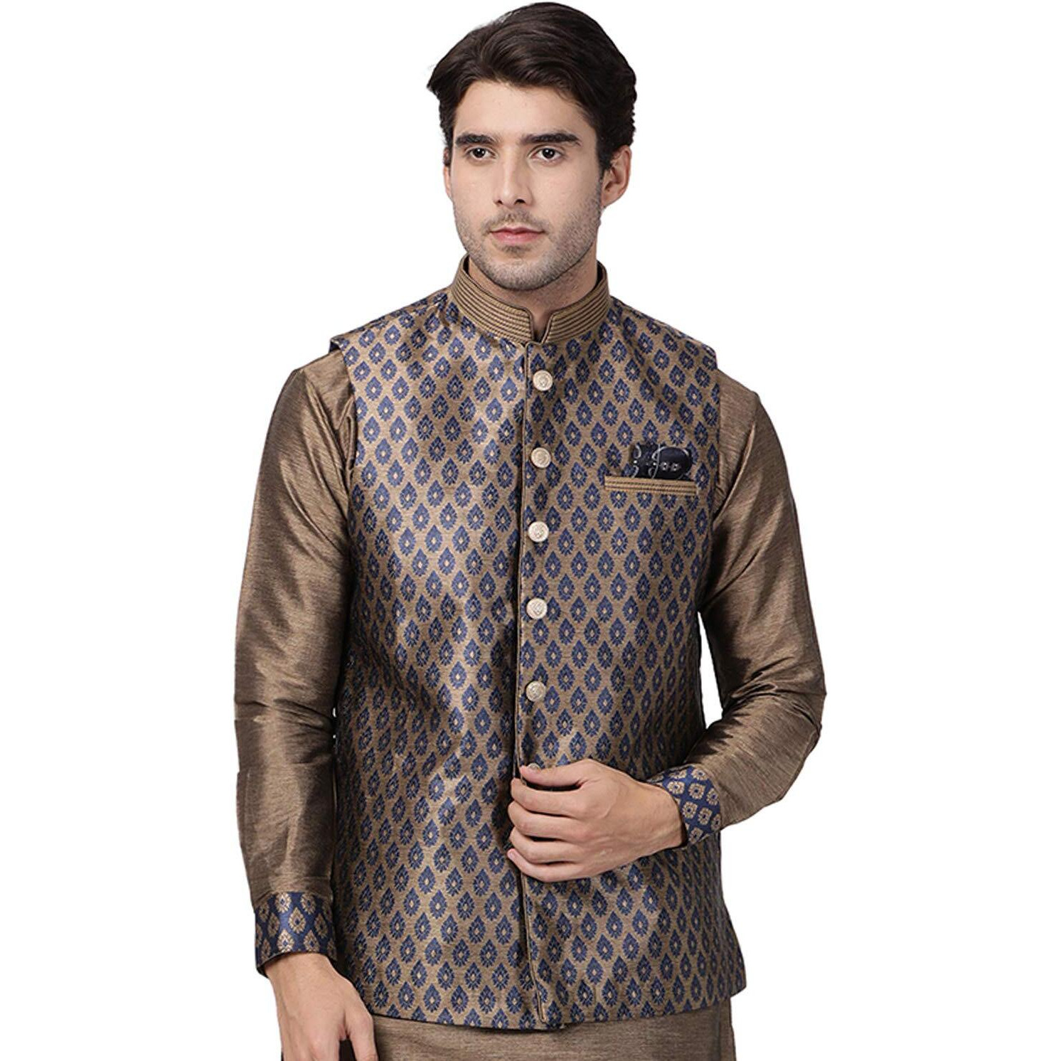 VASTRAMAY Men's Navy Blue Cotton Silk Blend Ethnic Jacket_VASMJ025NB_46