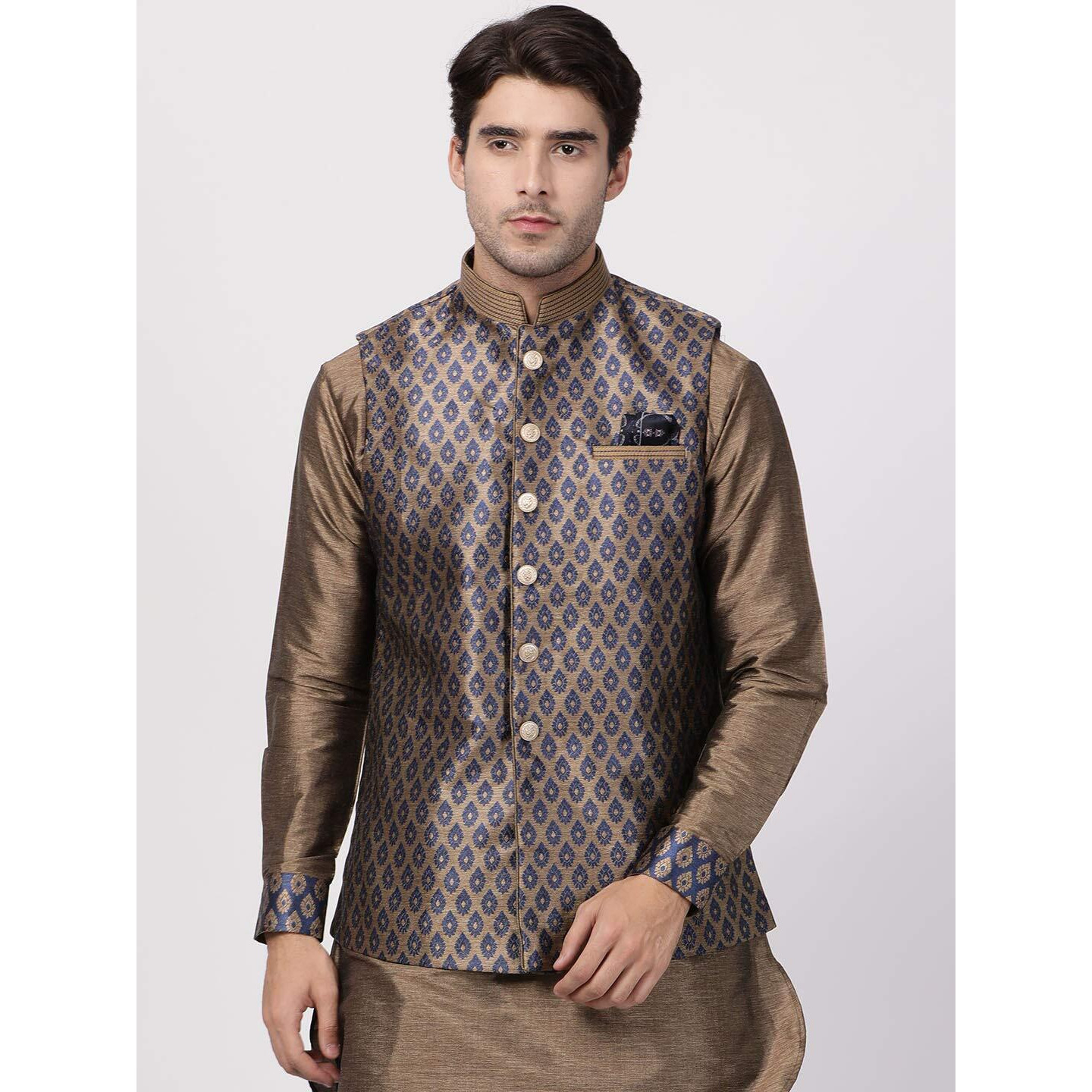 VASTRAMAY Men's Navy Blue Cotton Silk Blend Ethnic Jacket_VASMJ025NB_46