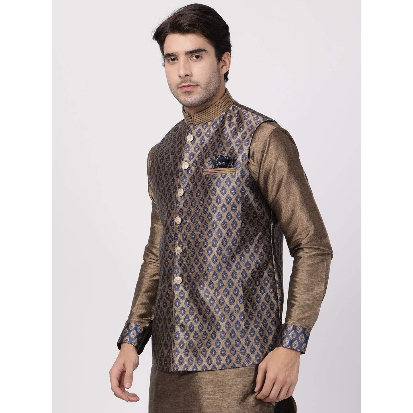 VASTRAMAY Men's Navy Blue Cotton Silk Blend Ethnic Jacket_VASMJ025NB_46