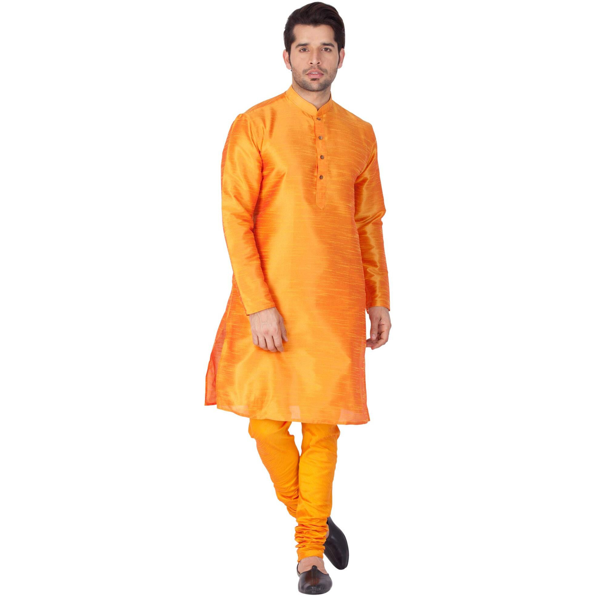 VASTRAMAY Men Cotton Silk Kurta and Pyjama Set (Saffron_VASMKOR001nPOR_42)