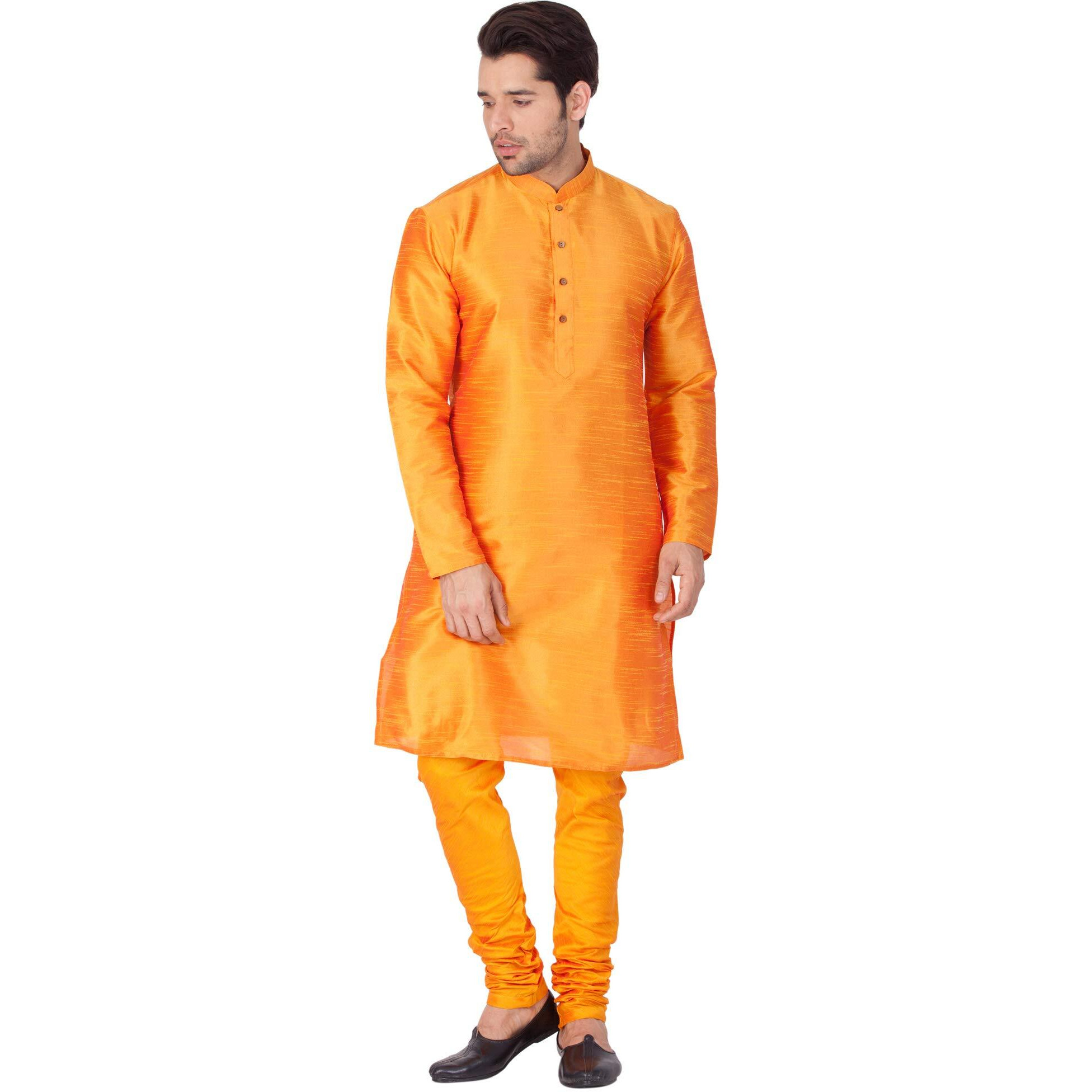 VASTRAMAY Men Cotton Silk Kurta and Pyjama Set (Saffron_VASMKOR001nPOR_42)