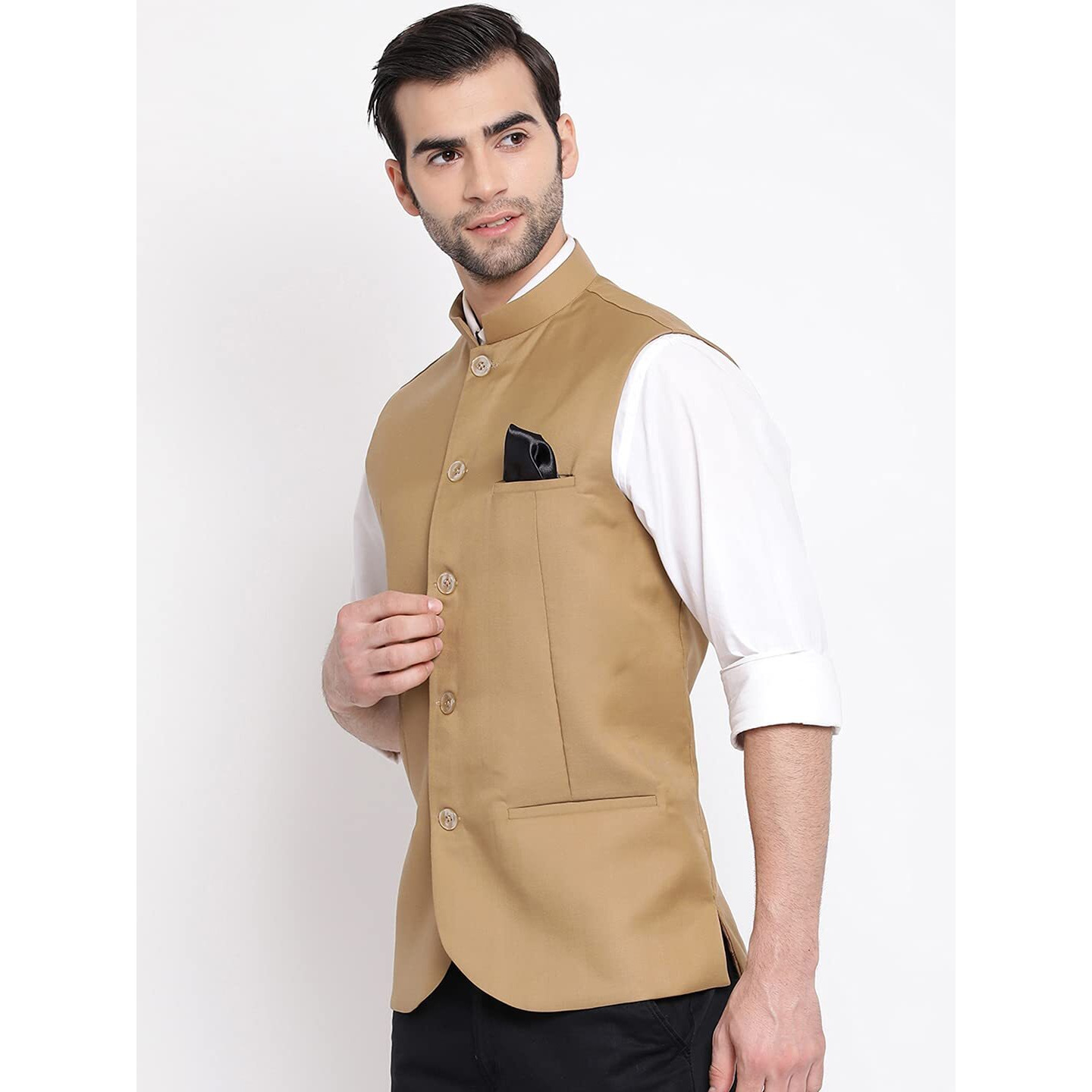 VASTRAMAY Men's Beige Cotton Silk Nehru Jacket  Elegant Festive Wear with Mandarin Collar, Perfect For Ethnic & Festive Occasions, Weddings & Celebrations