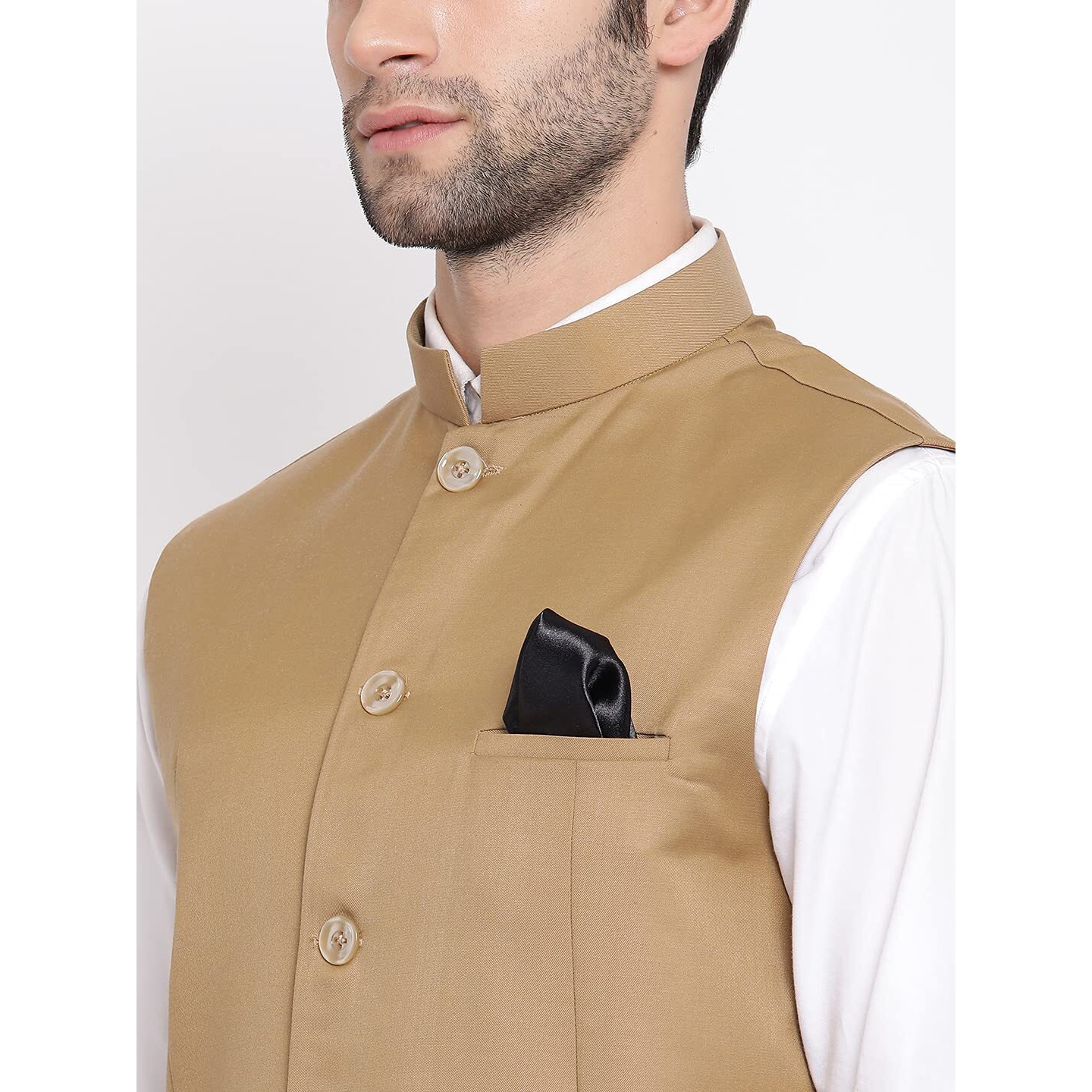 VASTRAMAY Men's Beige Cotton Silk Nehru Jacket  Elegant Festive Wear with Mandarin Collar, Perfect For Ethnic & Festive Occasions, Weddings & Celebrations