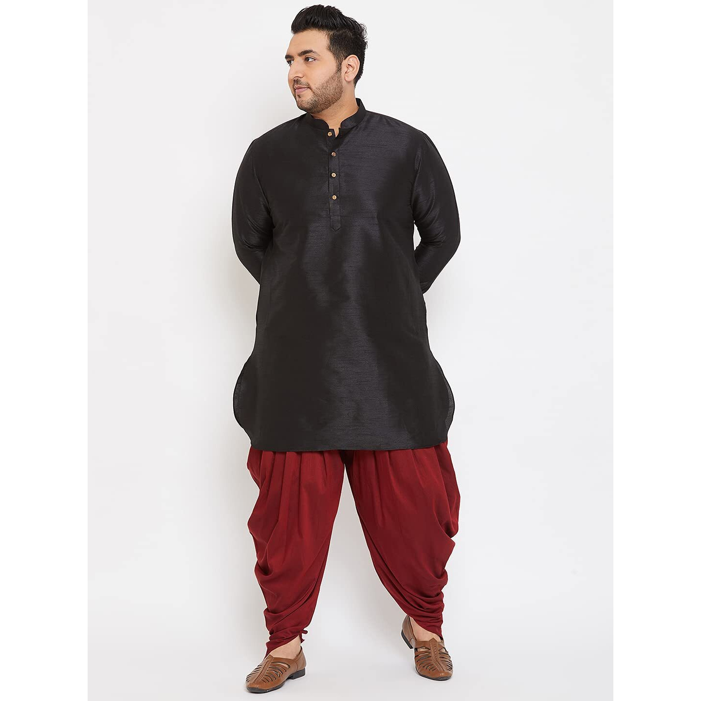 VASTRAMAY Plus Mens Silk Blend Black And Maroon Kurta And Dhoti Set - Classic Ethnic Attire for Cultural Celebrations_VPLUSMUK001BLnCDMA_50
