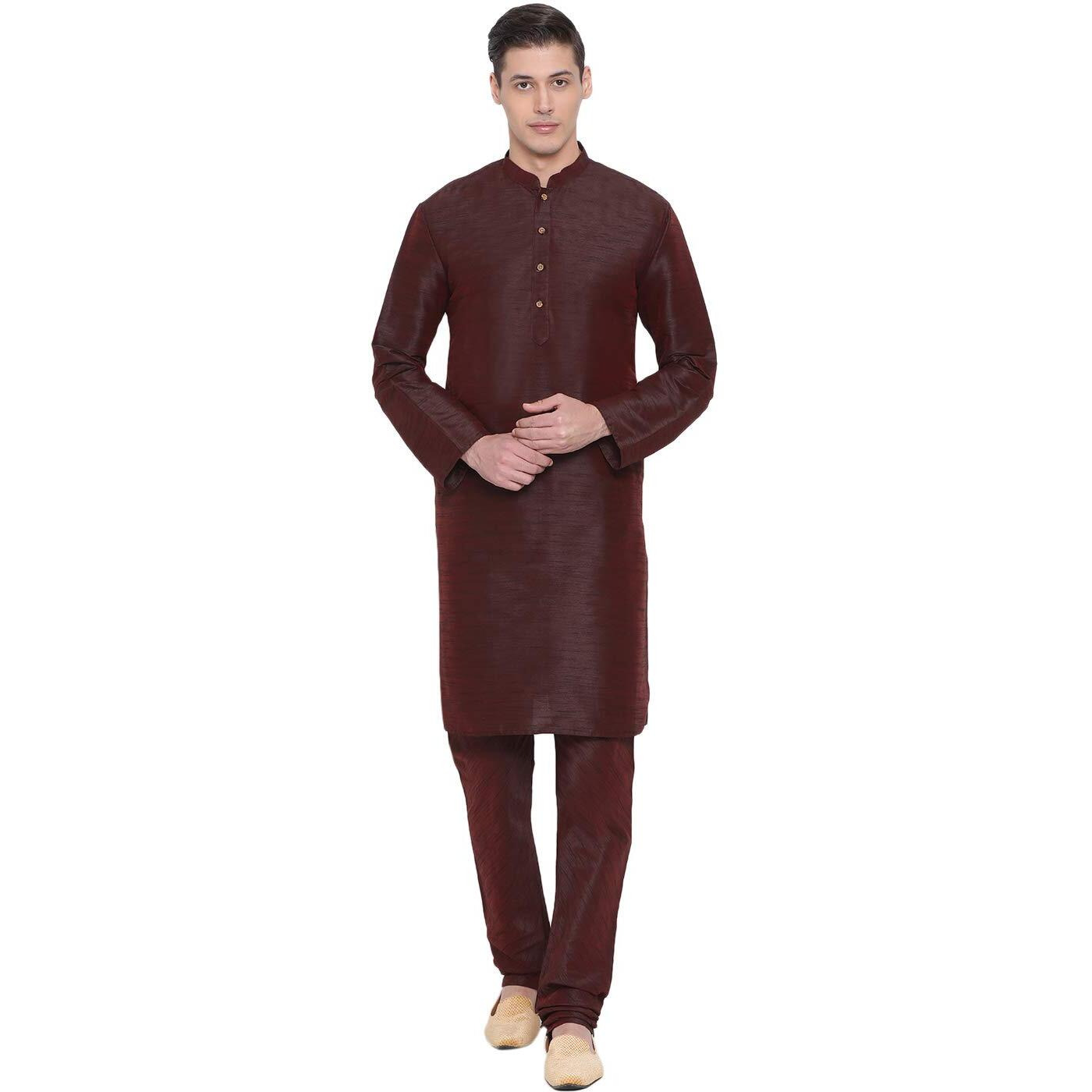 VASTRAMAY Men's Wine Silk Blend Kurta Pyjama set_VASMK001WNnPWN_38