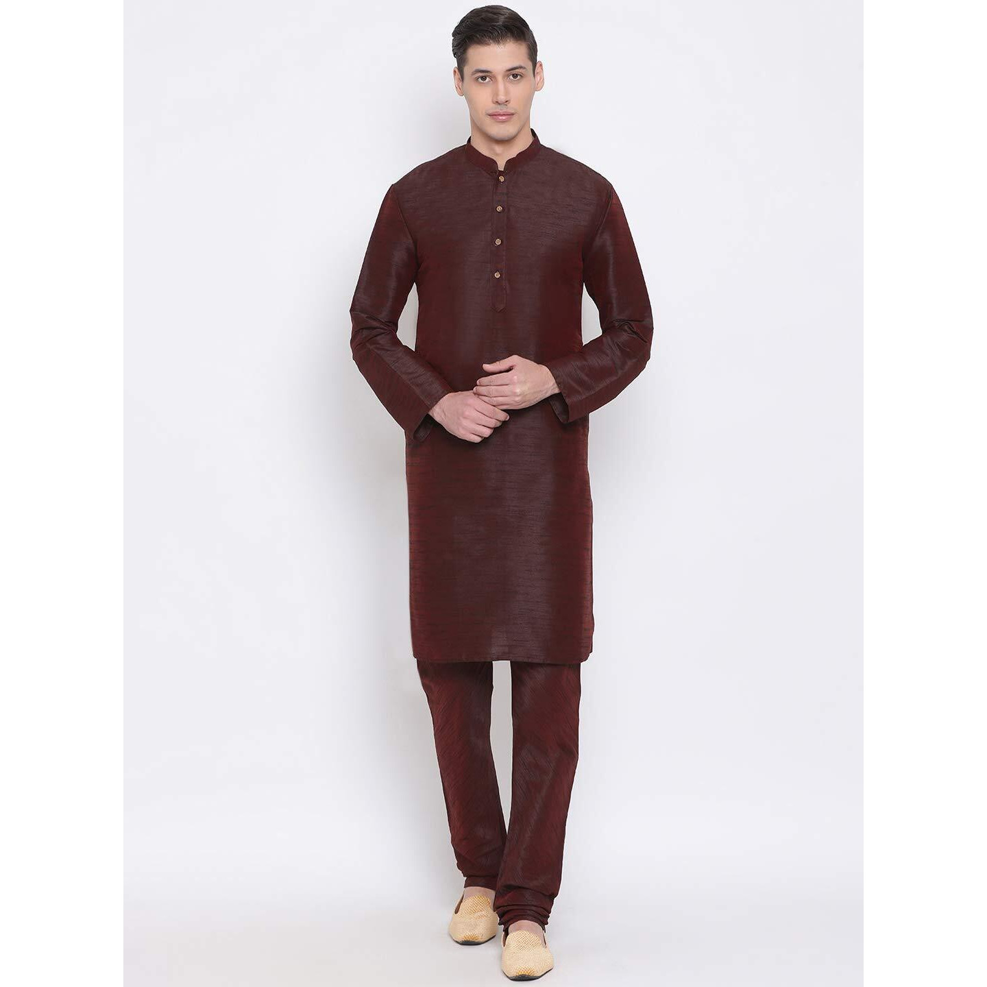 VASTRAMAY Men's Wine Silk Blend Kurta Pyjama set_VASMK001WNnPWN_38
