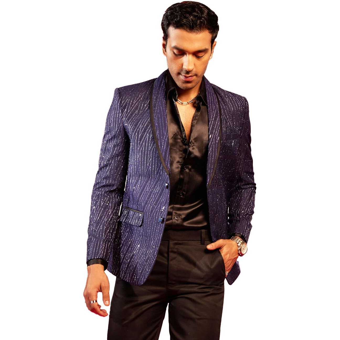 VASTRAMAY Men's Navy Blue Silk Blend Blazer_VSHRMCT028NB_38