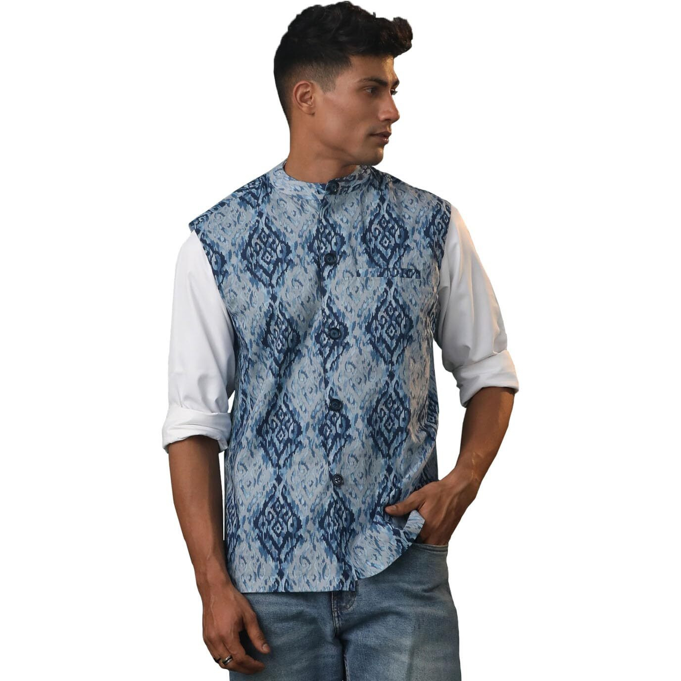 VASTRAMAY Men's Cotton Nehru Jacket I Allover Printed Jacket Regular Nehru Jacket I Fastive Party Wedding Neharu Jackets_VSHVMJ321NB_38