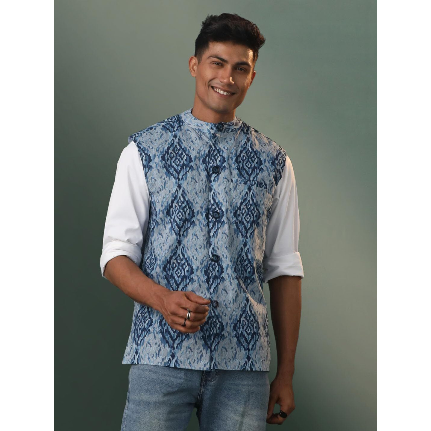 VASTRAMAY Men's Cotton Nehru Jacket I Allover Printed Jacket Regular Nehru Jacket I Fastive Party Wedding Neharu Jackets_VSHVMJ321NB_38