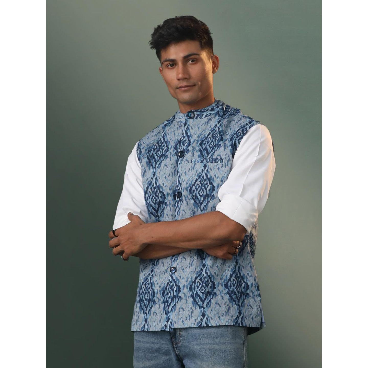 VASTRAMAY Men's Cotton Nehru Jacket I Allover Printed Jacket Regular Nehru Jacket I Fastive Party Wedding Neharu Jackets_VSHVMJ321NB_38