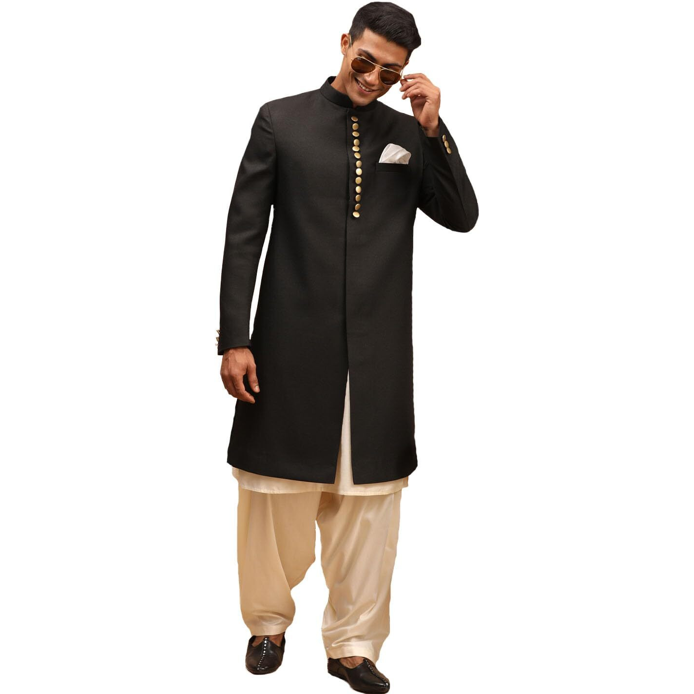 VASTRAMAY Men's Black And Cream Viscose Sherwani Set-SF2_VASMSW029BLnK091CRnPTYCR_38