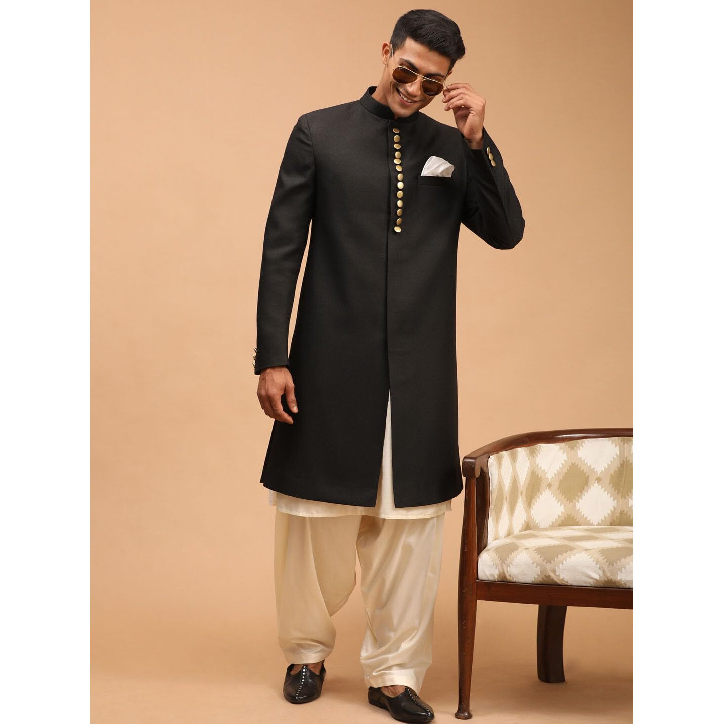 VASTRAMAY Men's Black And Cream Viscose Sherwani Set-SF2_VASMSW029BLnK091CRnPTYCR_38
