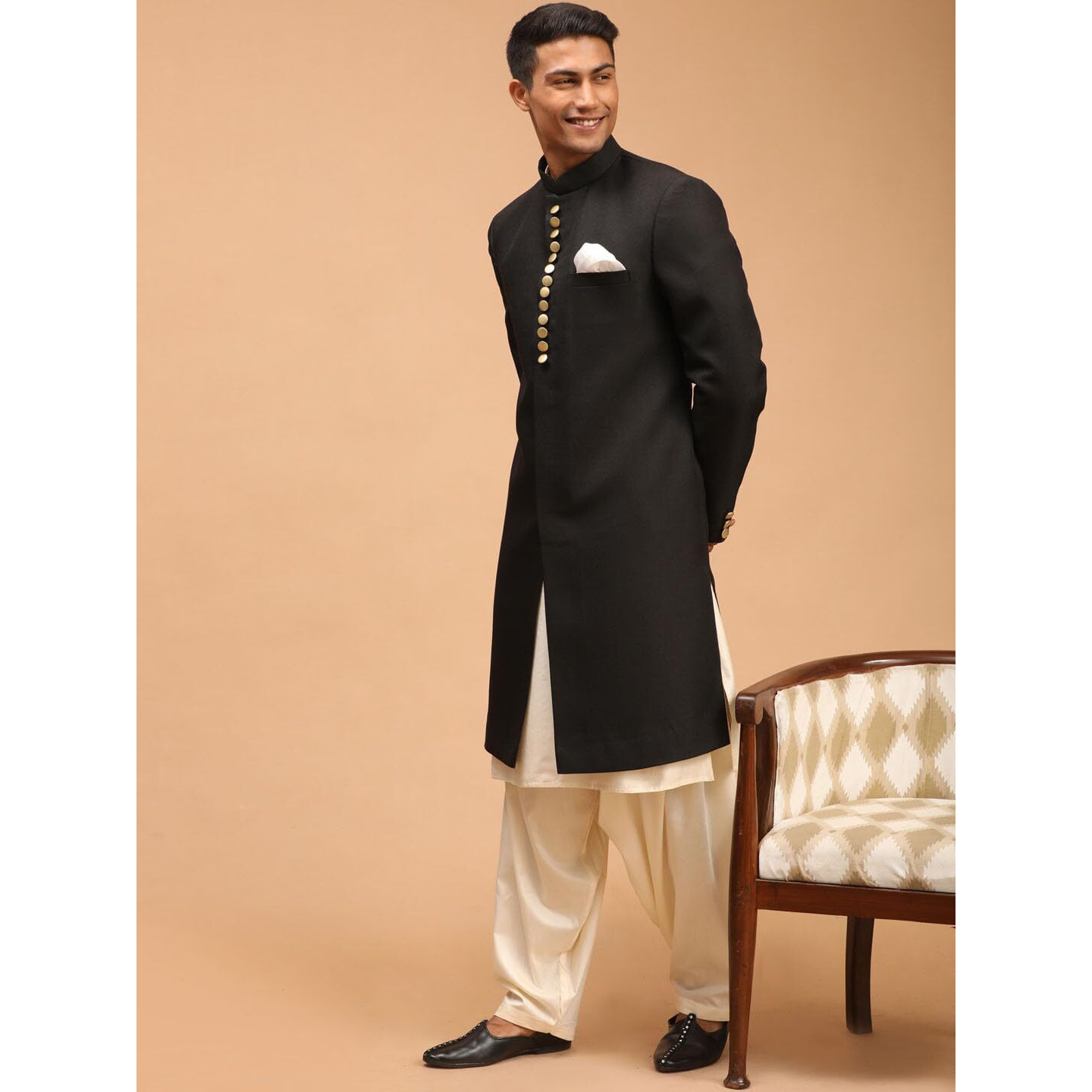 VASTRAMAY Men's Black And Cream Viscose Sherwani Set-SF2_VASMSW029BLnK091CRnPTYCR_38