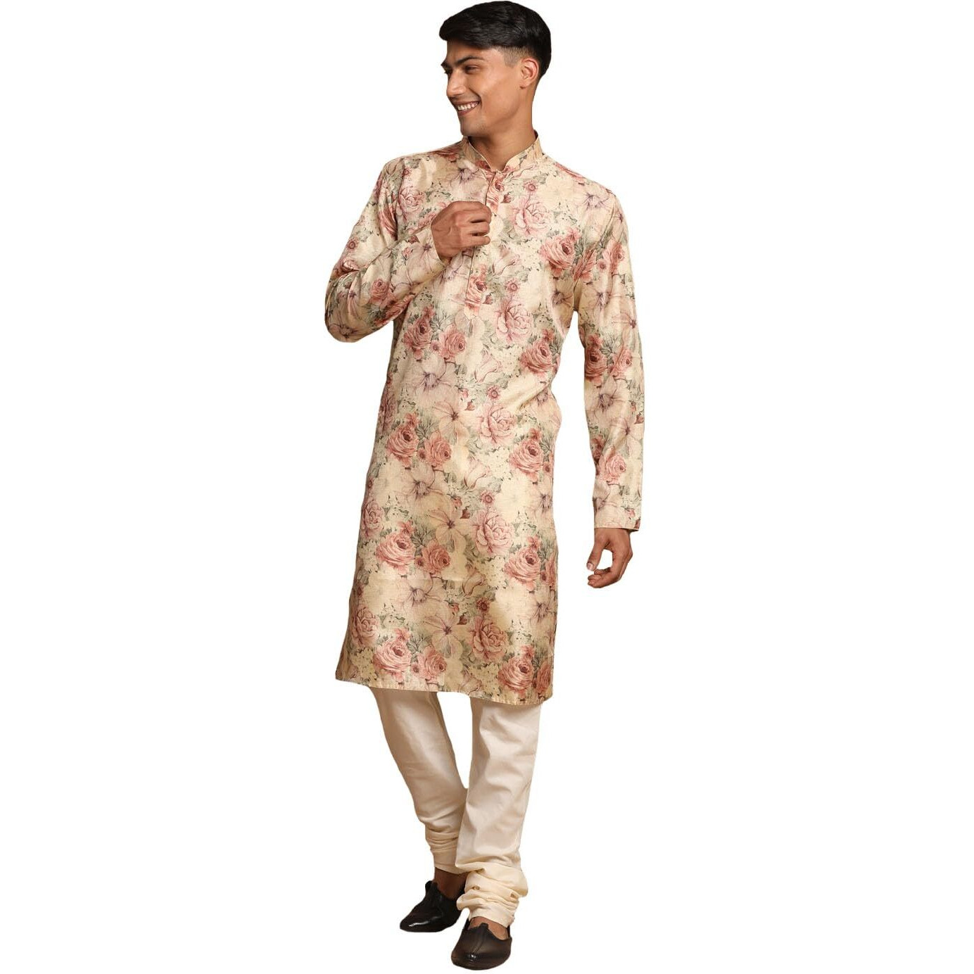 VASTRAMAY Men's Cream And Brown Silk Blend Kurta Pyjama Set_VASMK159nVPCR_42