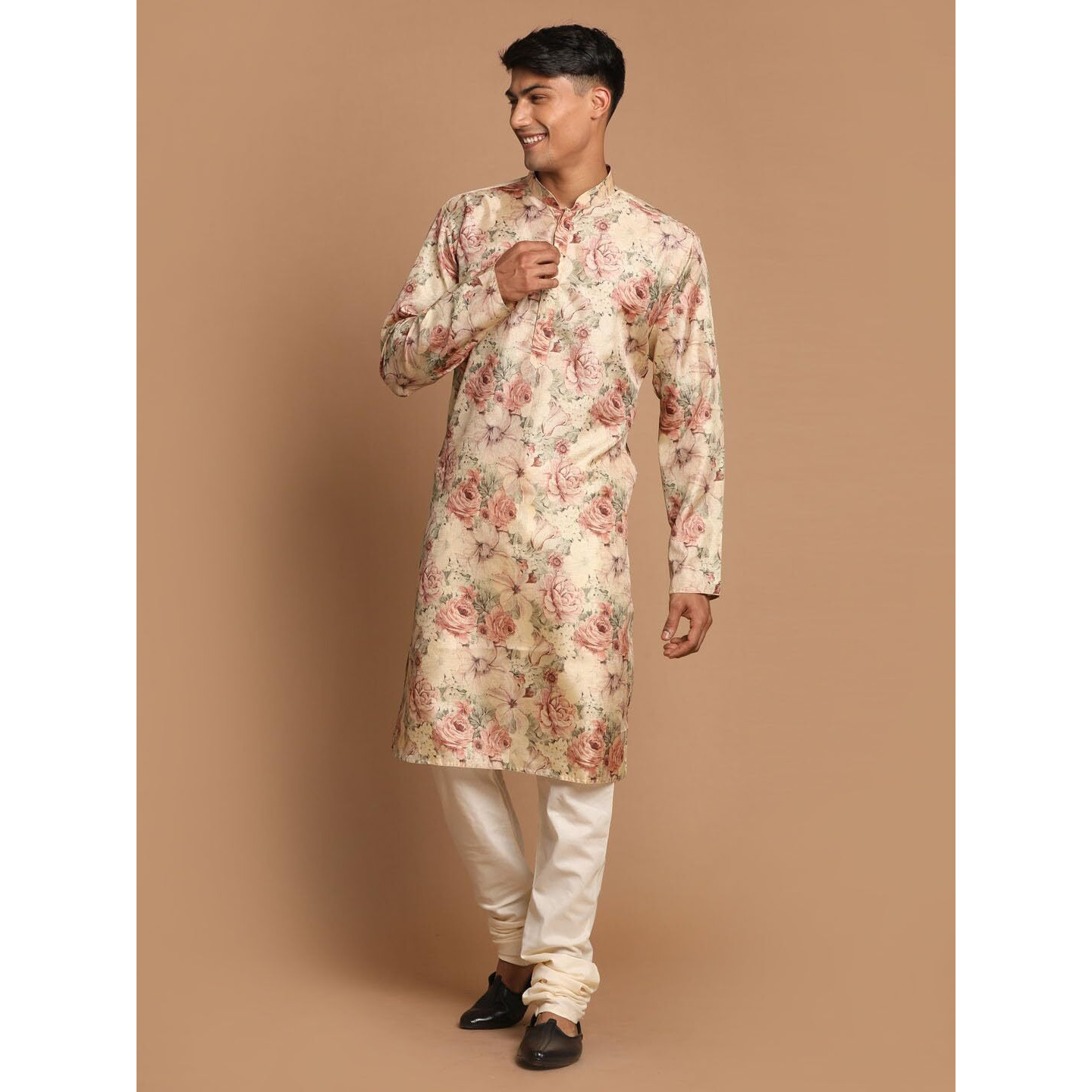 VASTRAMAY Men's Cream And Brown Silk Blend Kurta Pyjama Set_VASMK159nVPCR_42