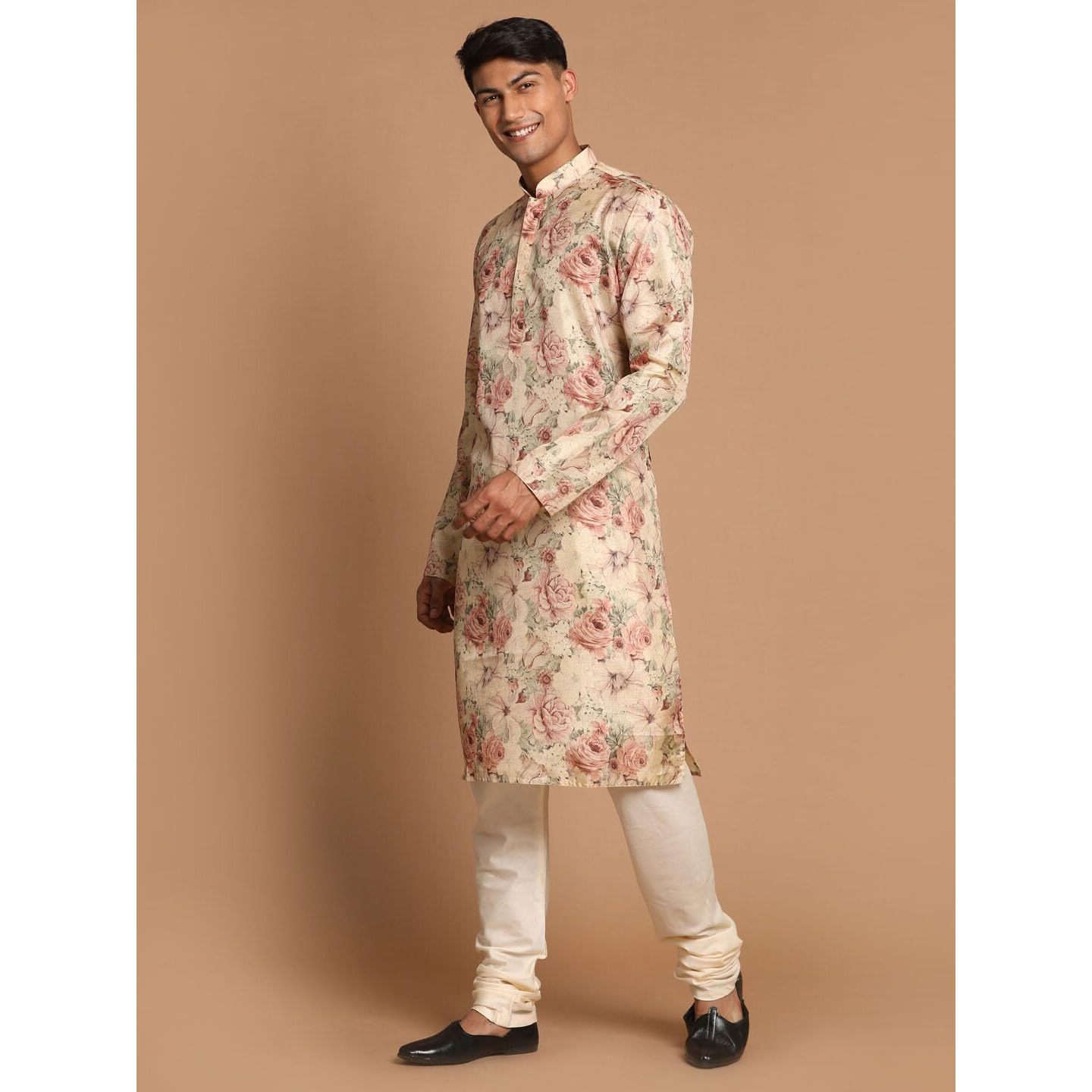 VASTRAMAY Men's Cream And Brown Silk Blend Kurta Pyjama Set_VASMK159nVPCR_42