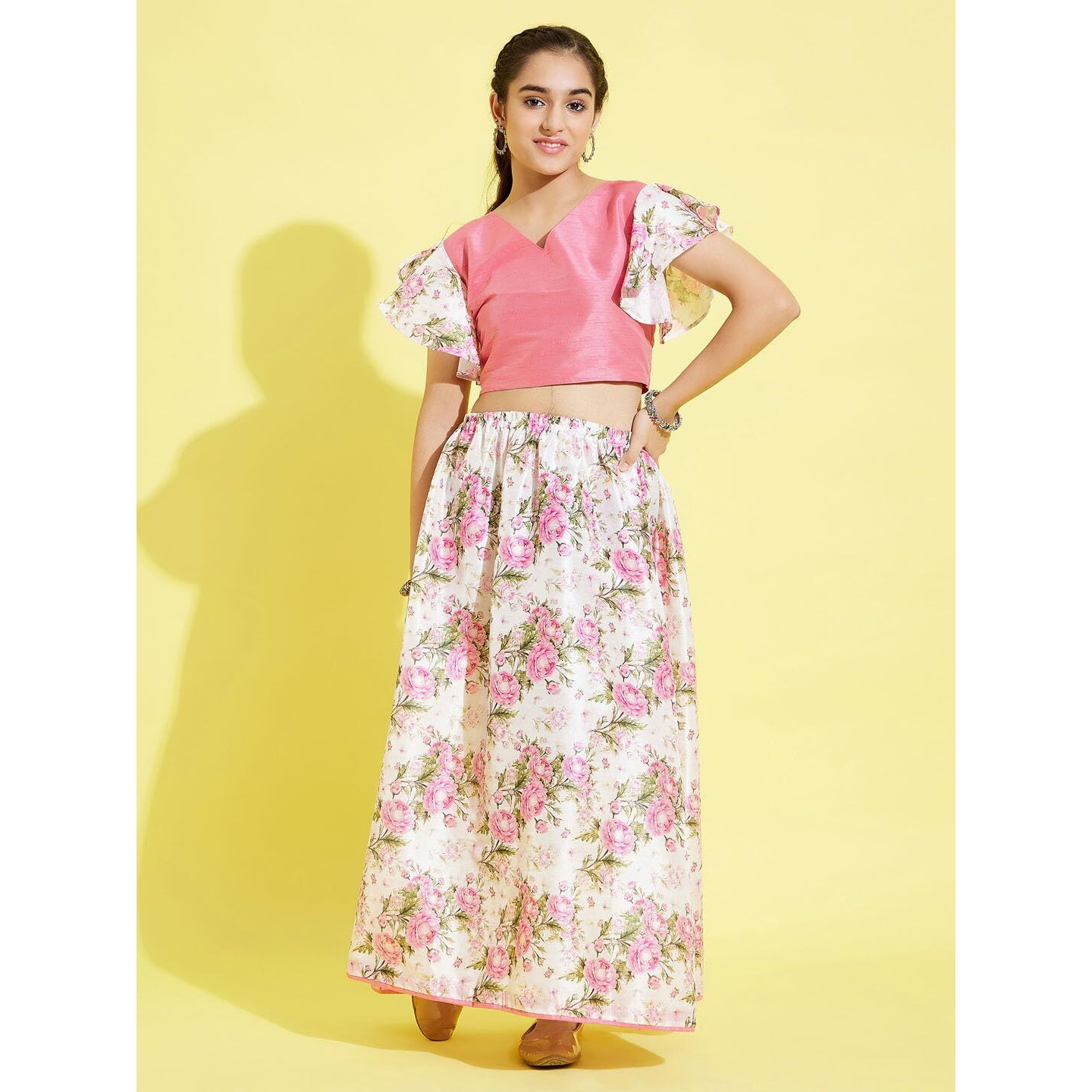VASTRAMAY YUVA Girls' Multicolor-Base-Pink Printed Lehenga Set_VYUVGLC049_36L