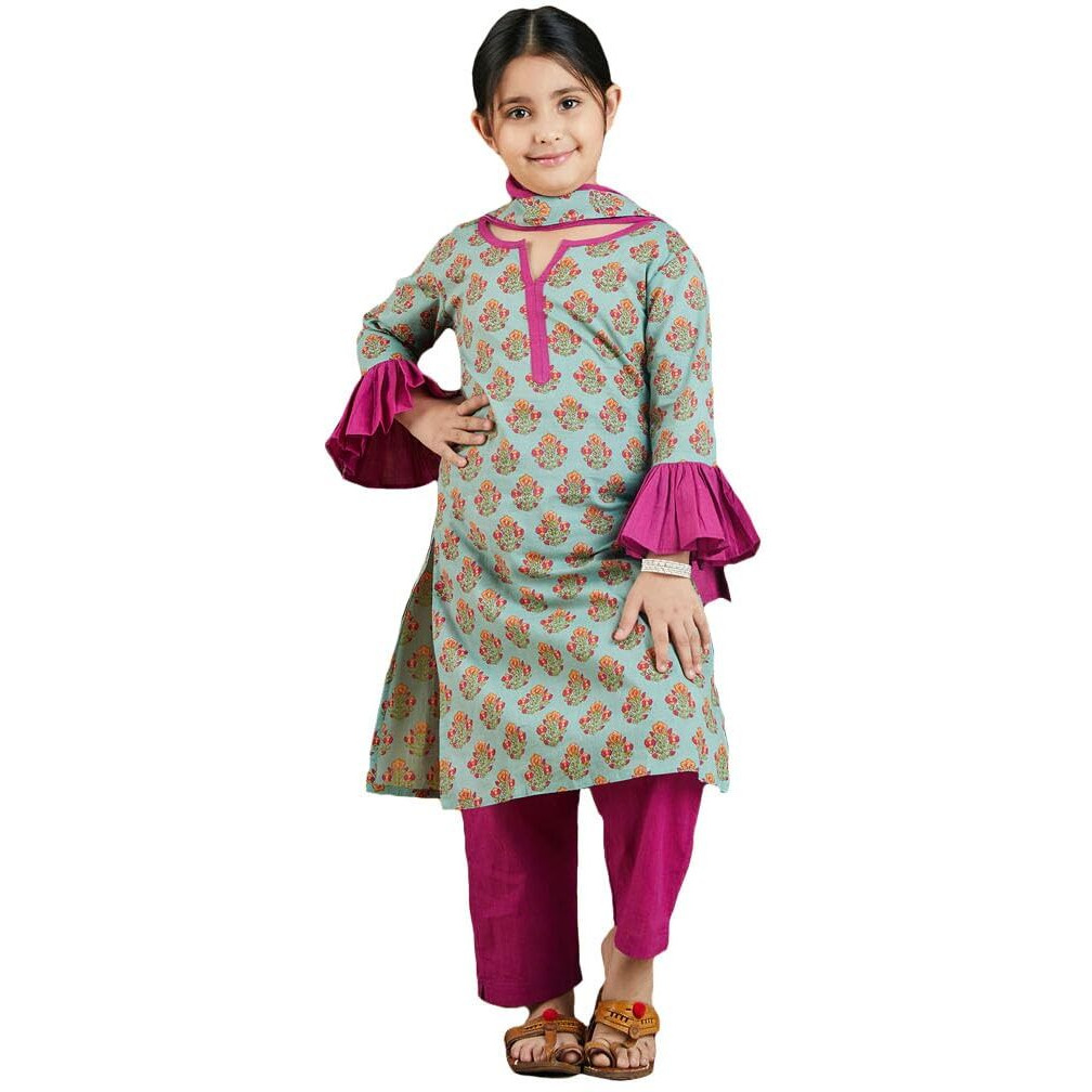 VASTRAMAY Girls' Green and Pink Kurta, Pant and Dupatta_VASGKP016GN_28
